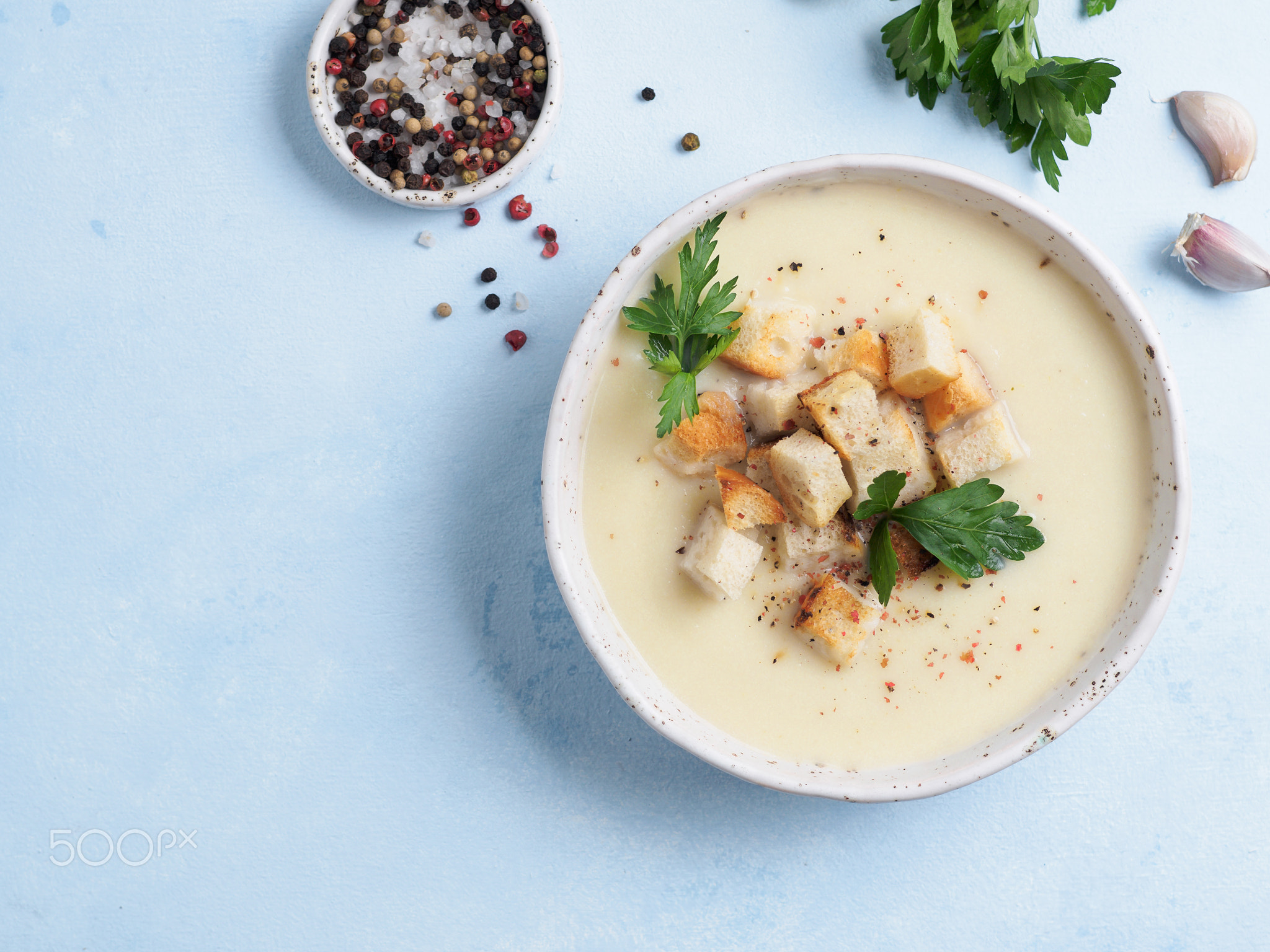 cauliflower soup puree top view, copy space