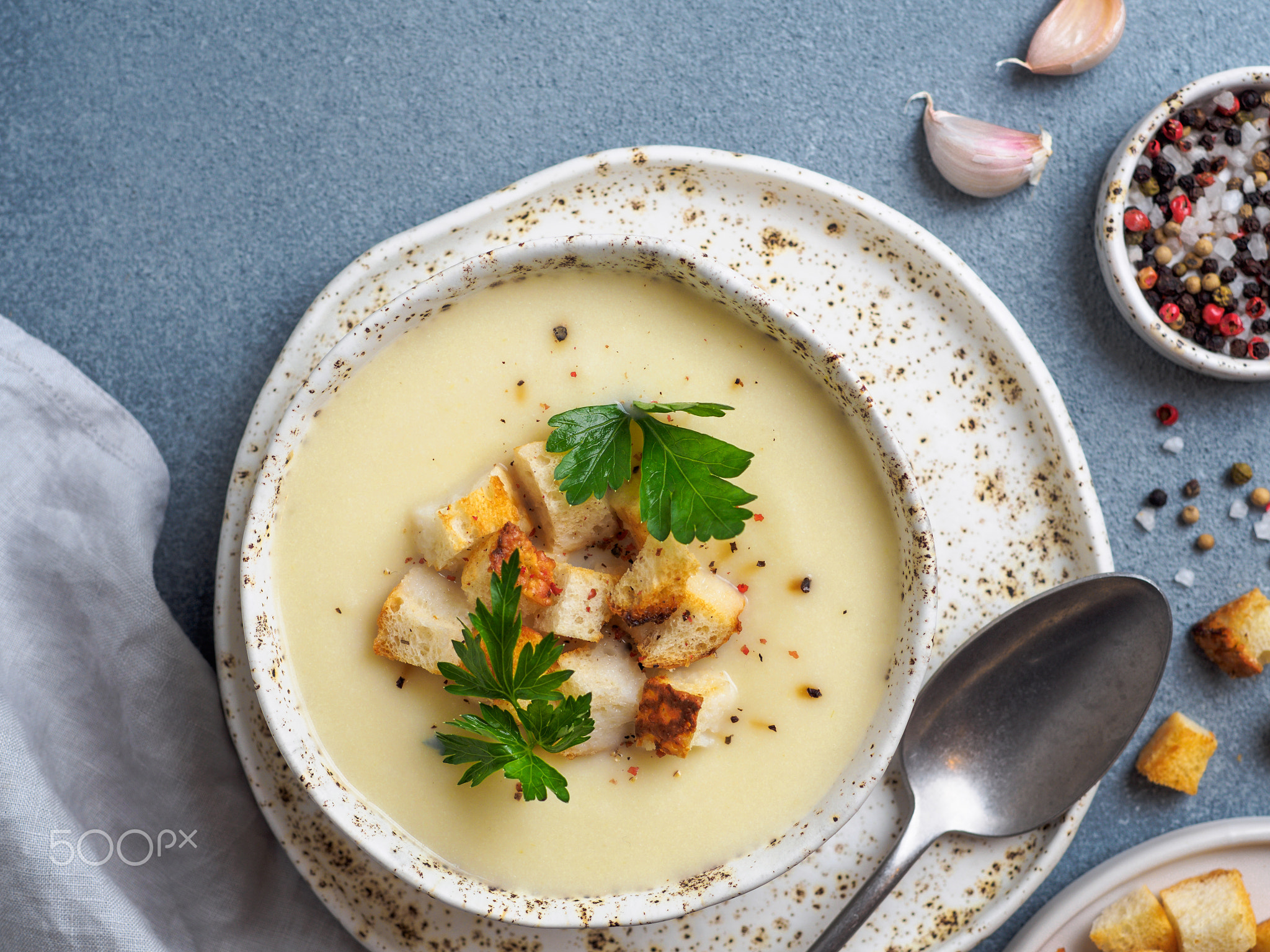 cauliflower soup puree top view, copy space