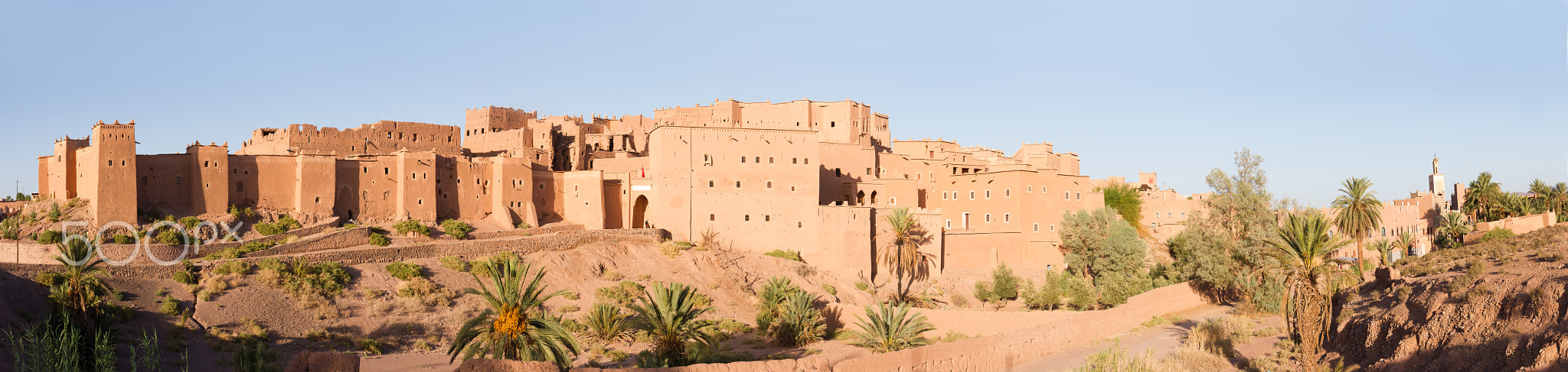 Panorama of magnificent kasbah or old traditional arab fortress in the city of Ouarzazate, Morocco.