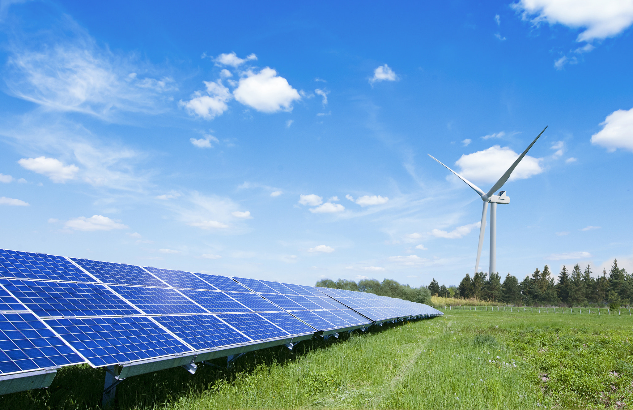 solar panels and wind turbine