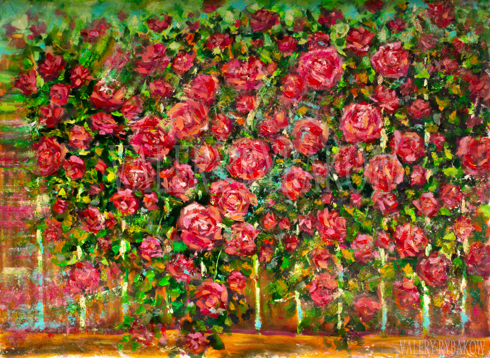 Original oil painting Red violet flowers Rose - palette knife painting on canvas.