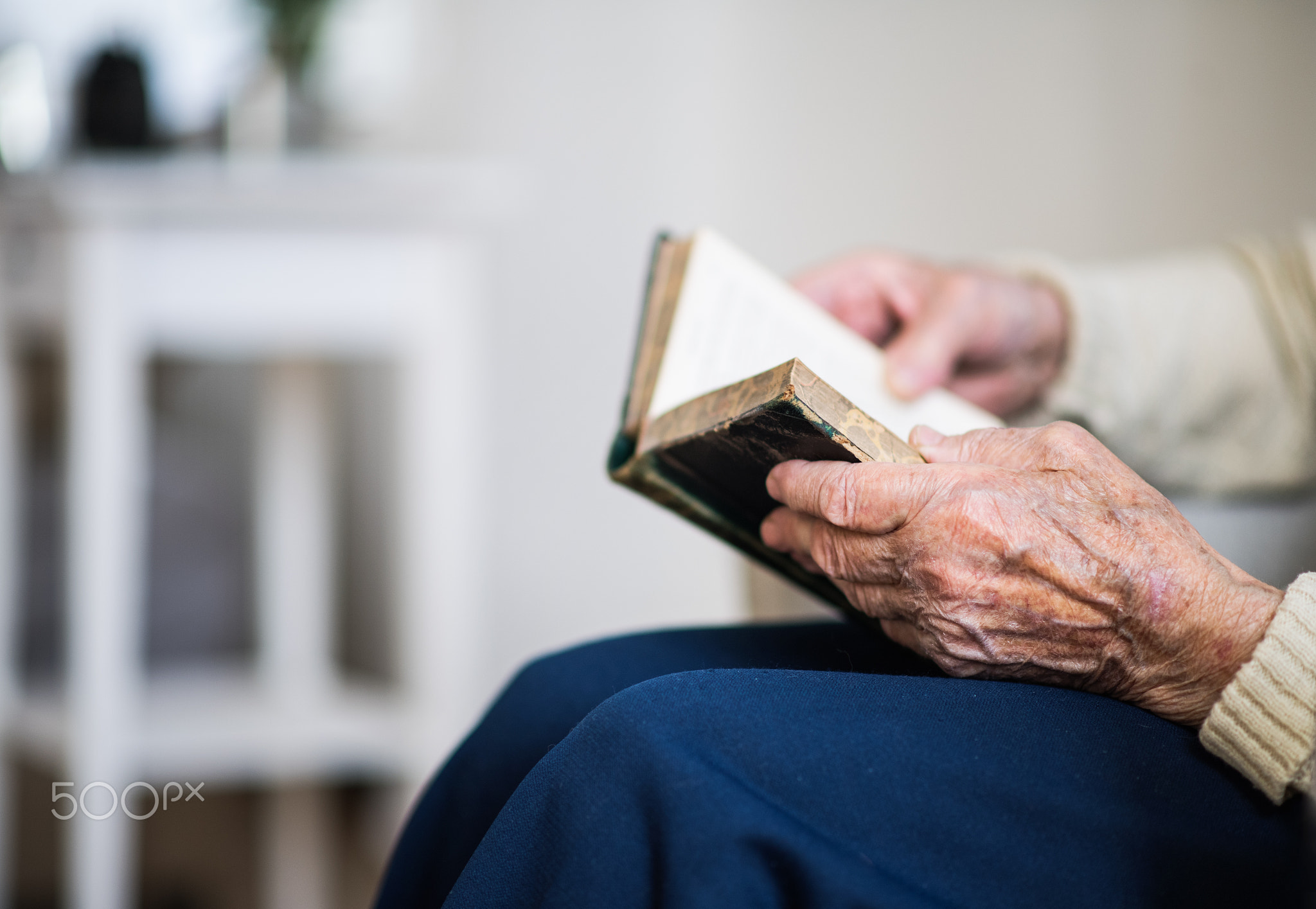 A close-up of senior woman reading Bible at home.