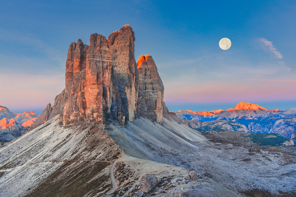 Full Moon Morning on Tre Cime di Lavaredo by Dmytro Korol on 500px.com