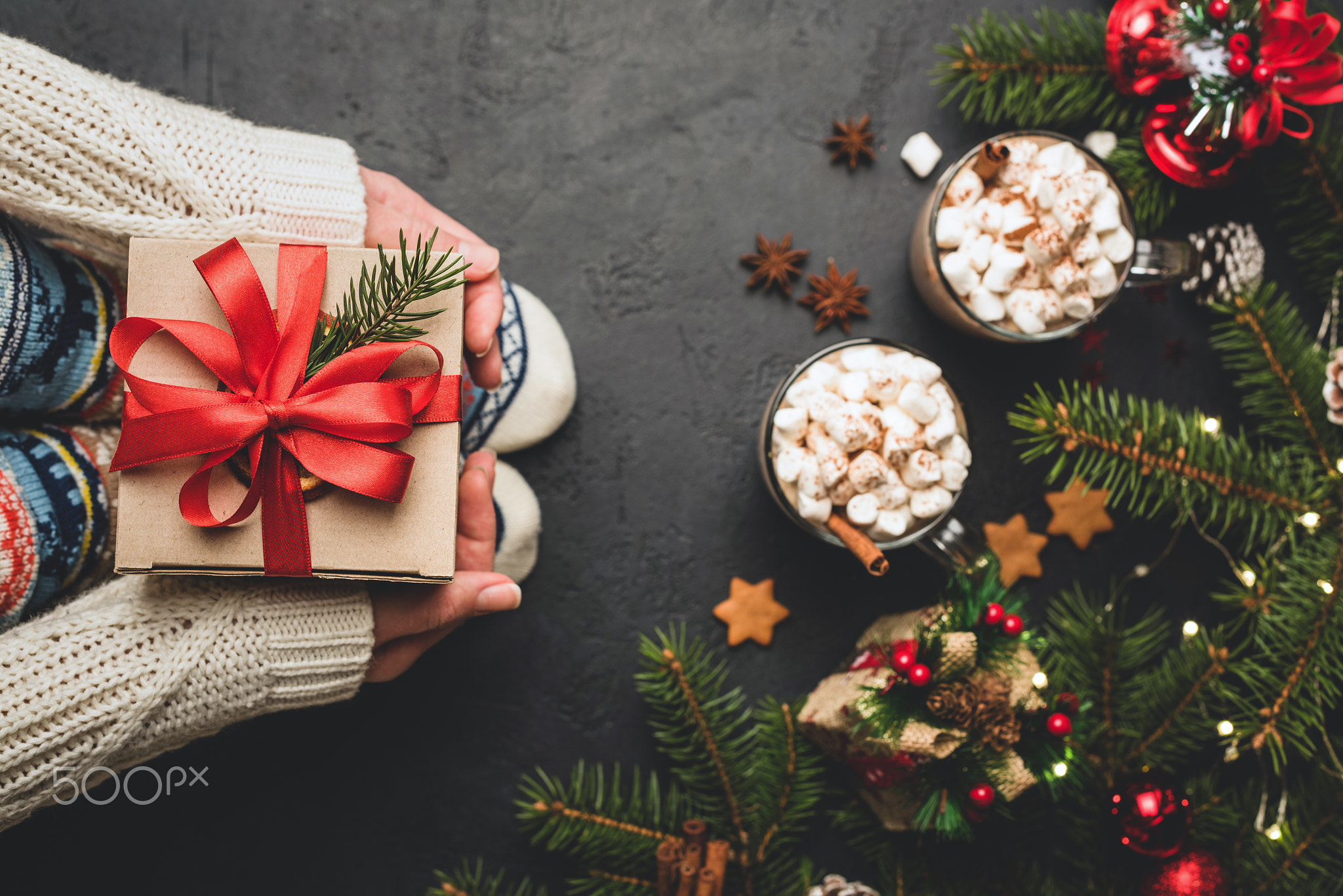 Person holding Christmas gift box with red lace near Christmas tree
