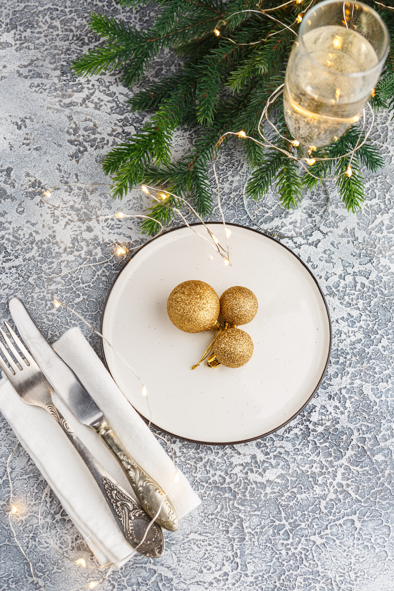 Festive place setting for christmas dinner. Top view. Copy space.