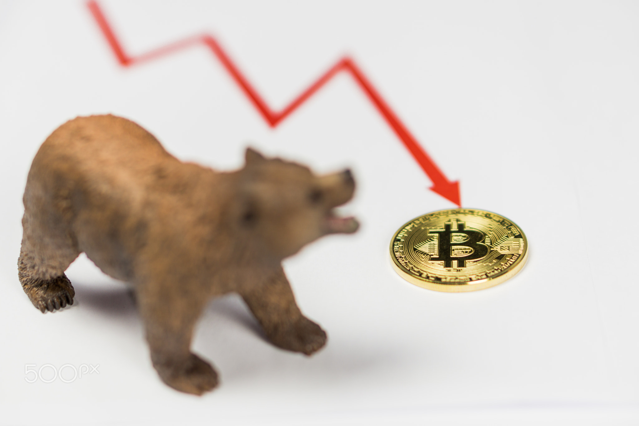 Bear With Gold Bitcoin Cryptocurrency and red graph. Bear Market Wall Street Financial Concept.