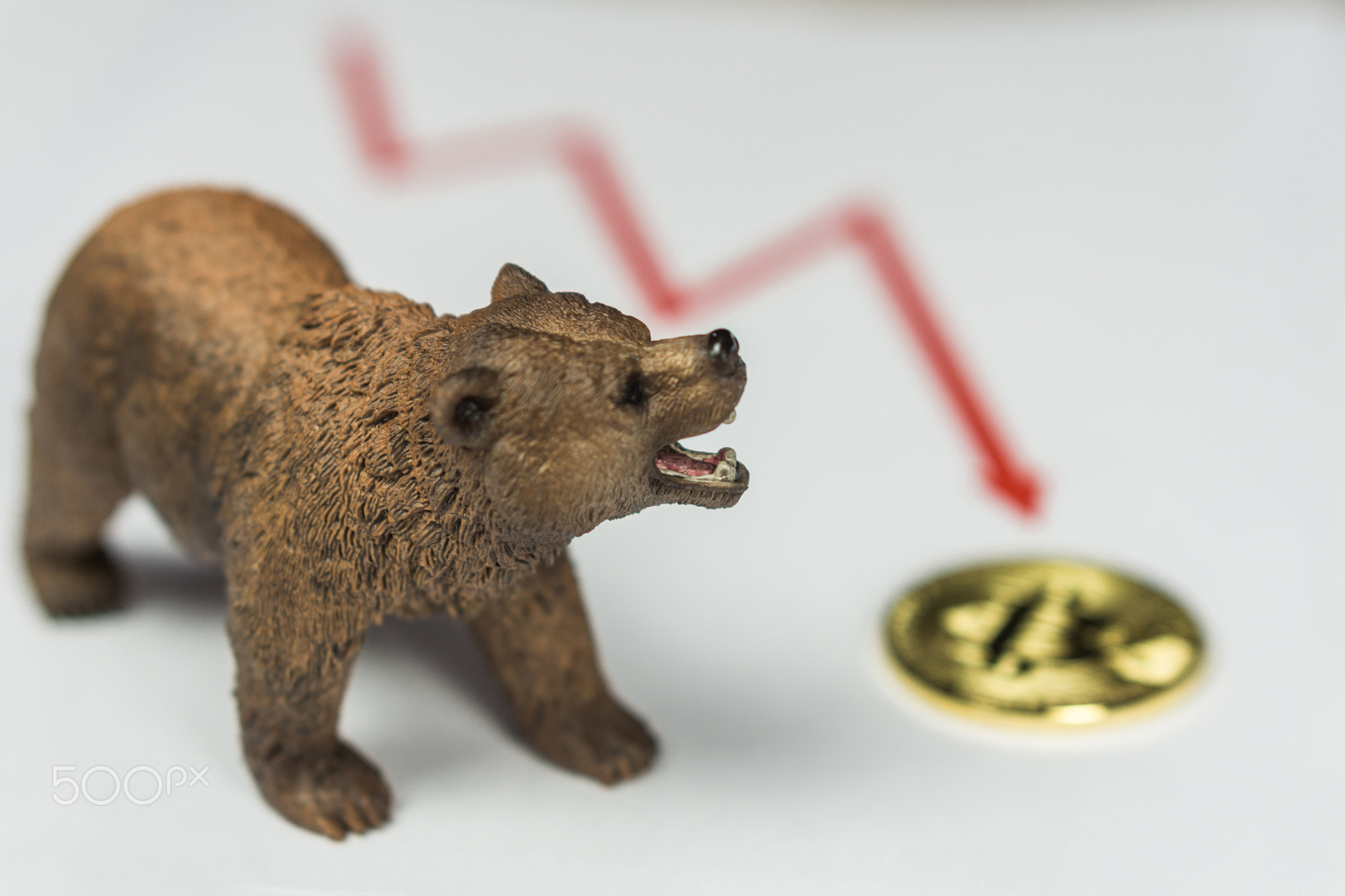 Bear With Gold Bitcoin Cryptocurrency and red graph. Bear Market Wall Street Financial Concept.