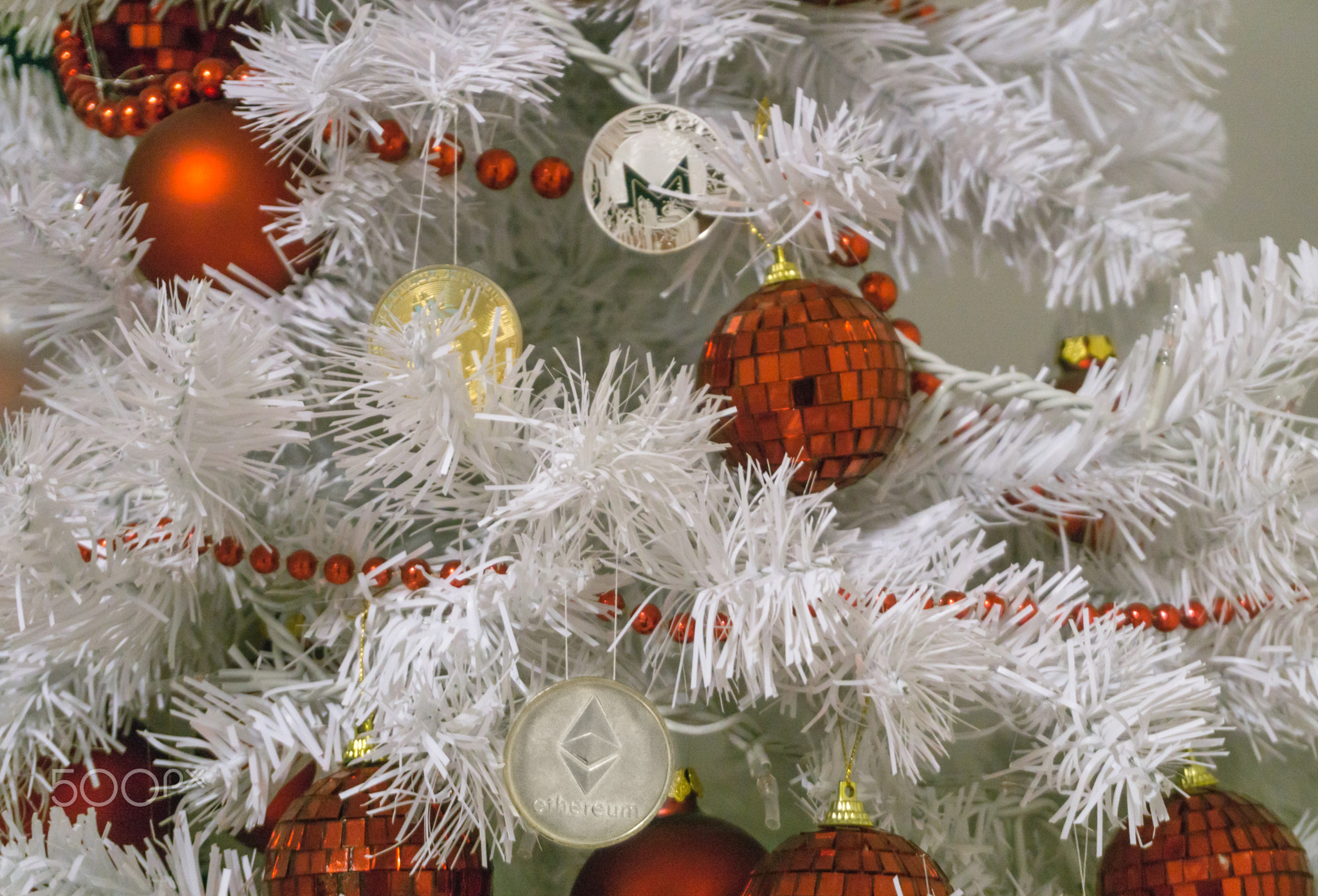 Ethereum, Monero, Bitcoin and christmas, new year silver ethereum. Cryptocurrency Ethereum on a...