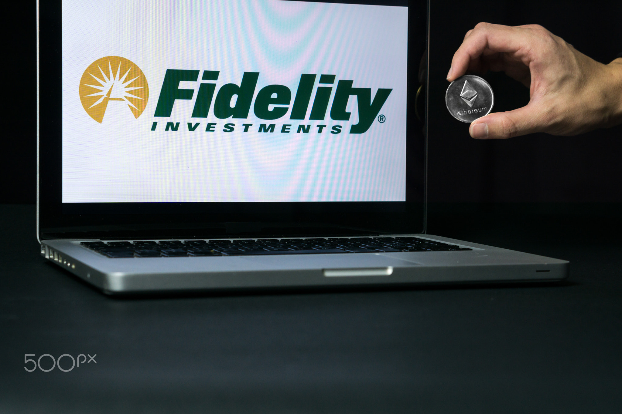 Ethereum coin with the Fidelity logo on a laptop screen, Slovenia - December 23th, 2018