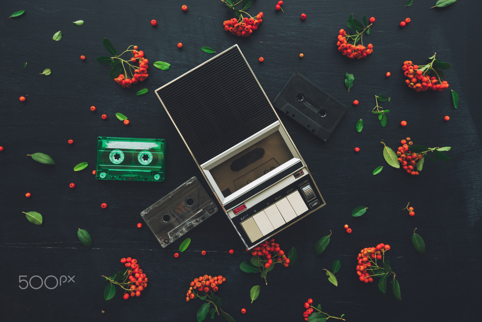 Flat lay audio cassette and player, top view