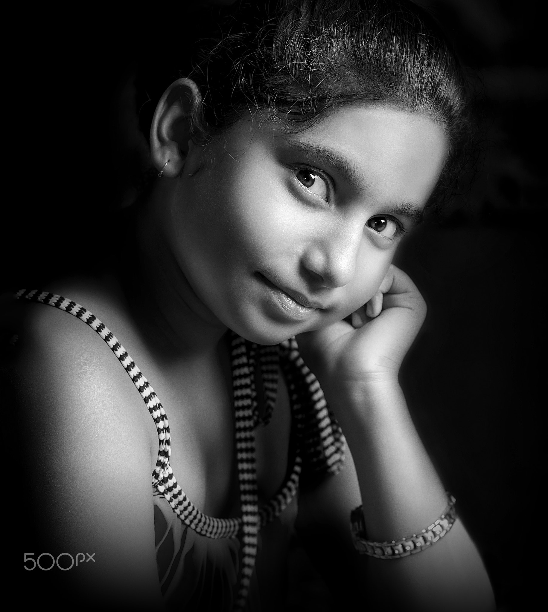 Dark Face-Smile-Cute Little Girl Child Monochrome Portrait looki