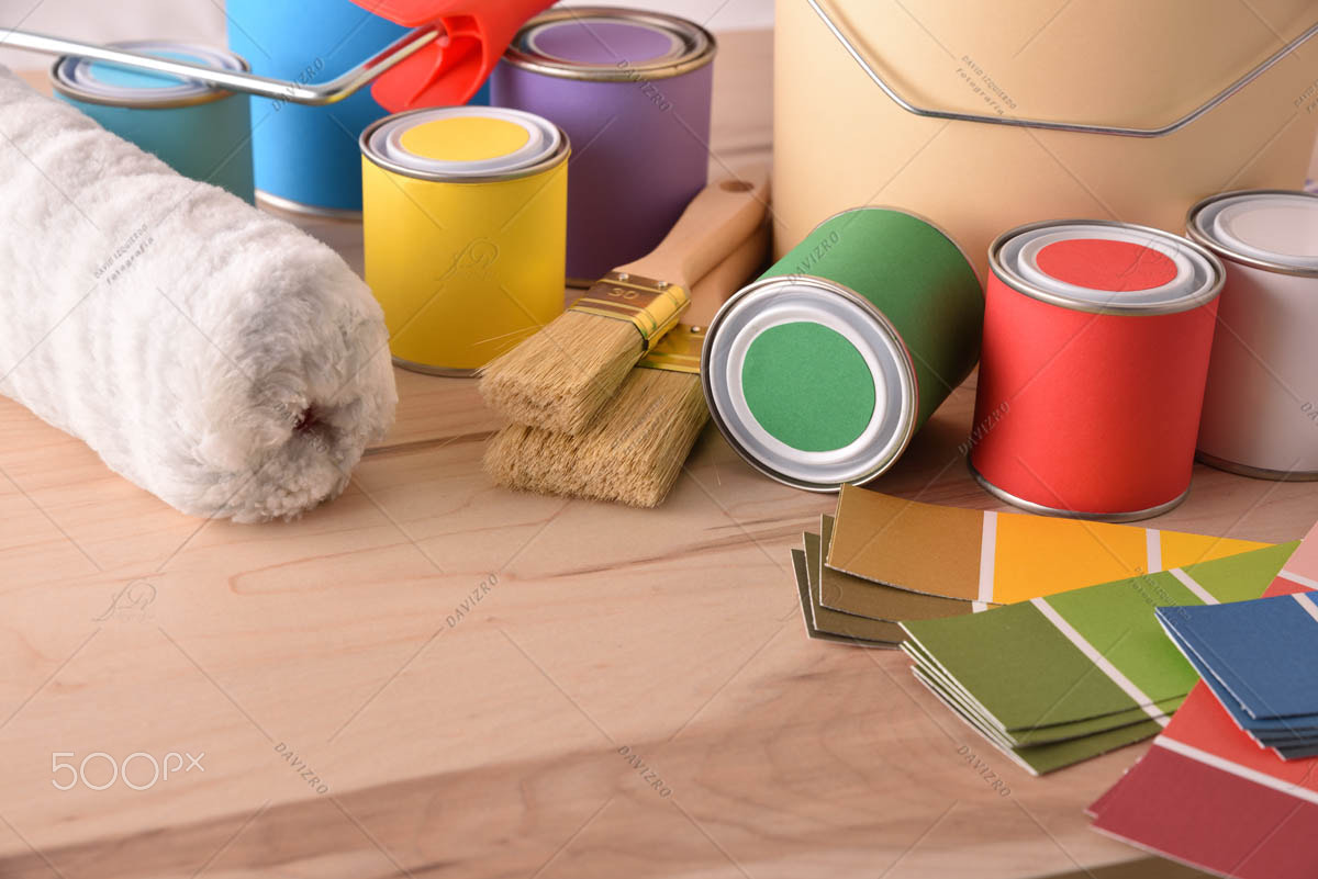 Table with painting tools for home elevated view