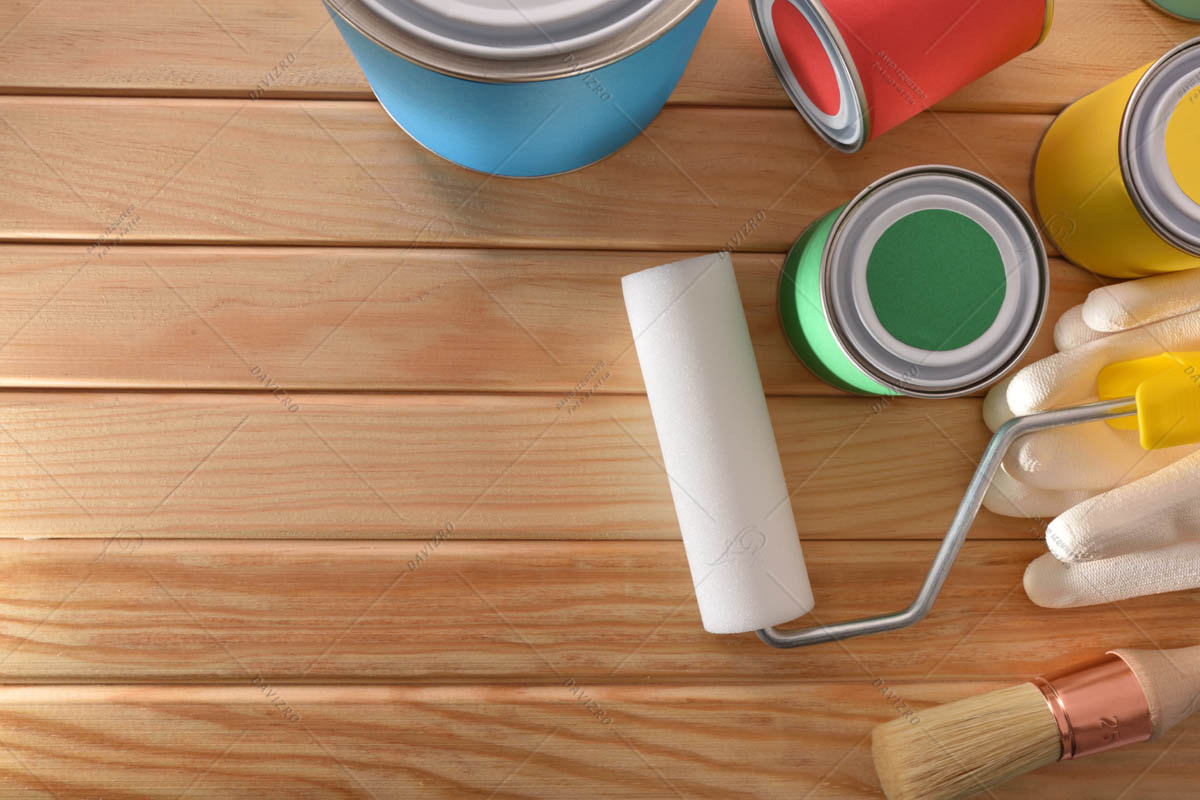 Tools for painting of houses on wooden slat table top