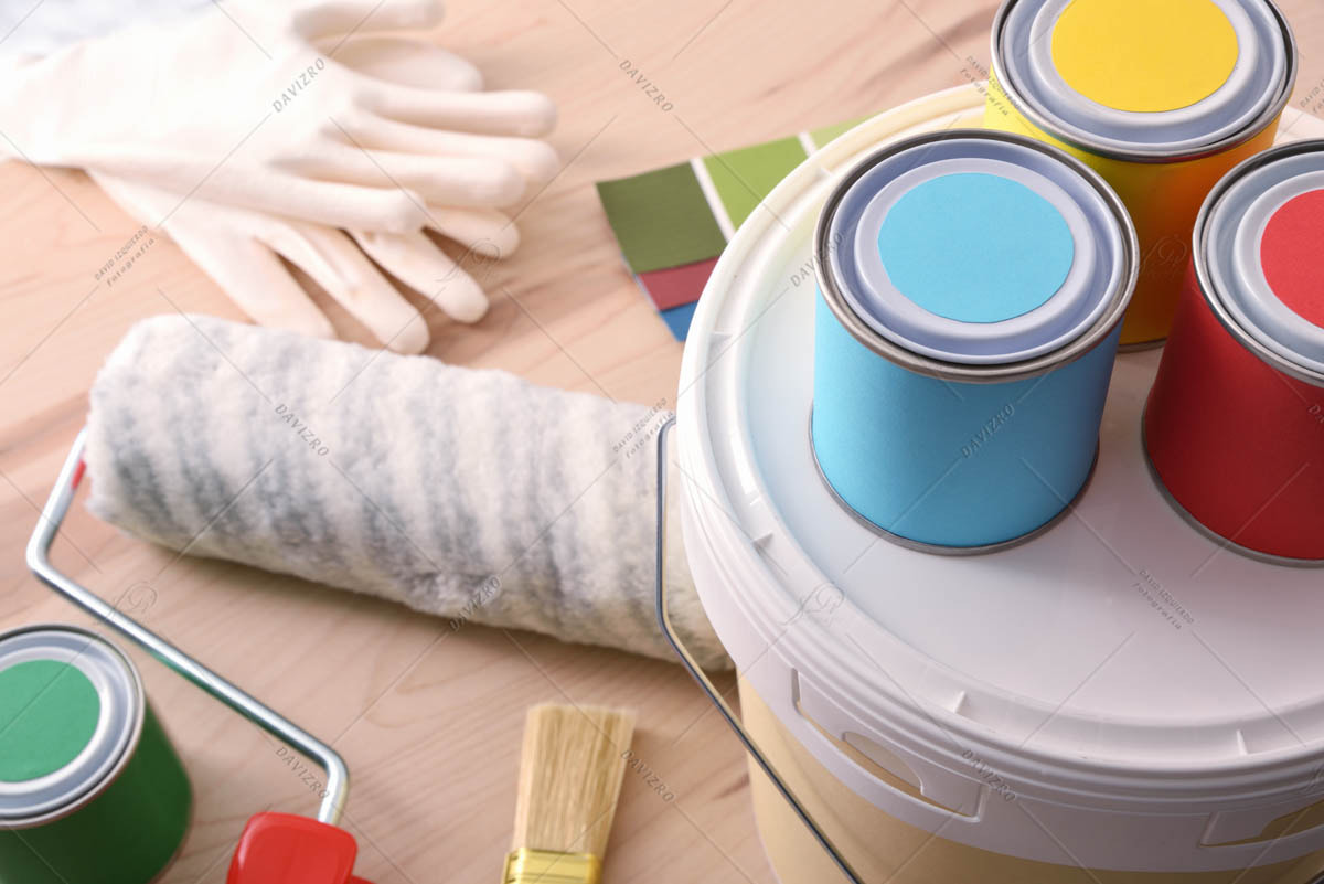 Tools for painting of houses on table elevated view