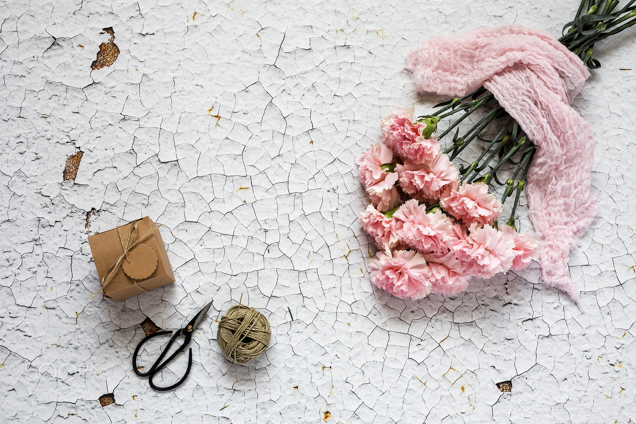 Flowers on white background. Flat lay, top view