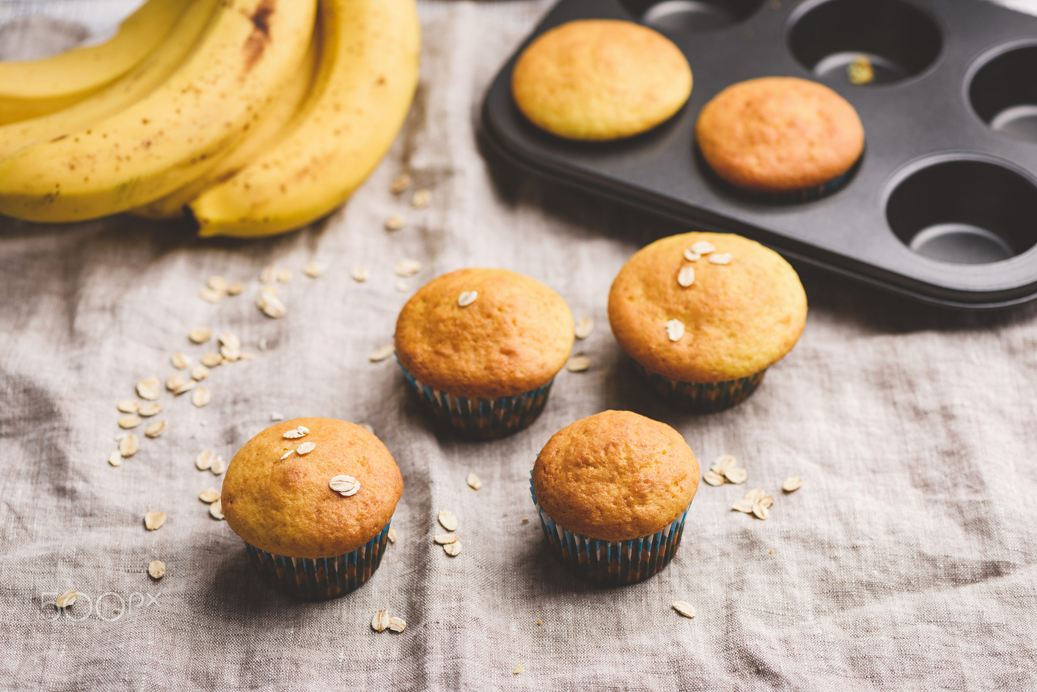 Healthy vegan banana muffins with oat flakes