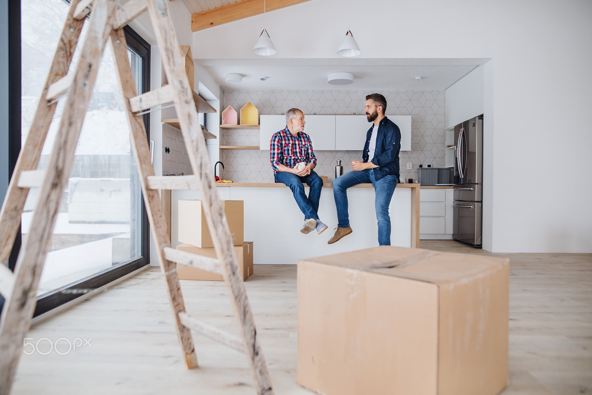 A mature man with his senior father furnishing new house, a new home concept.