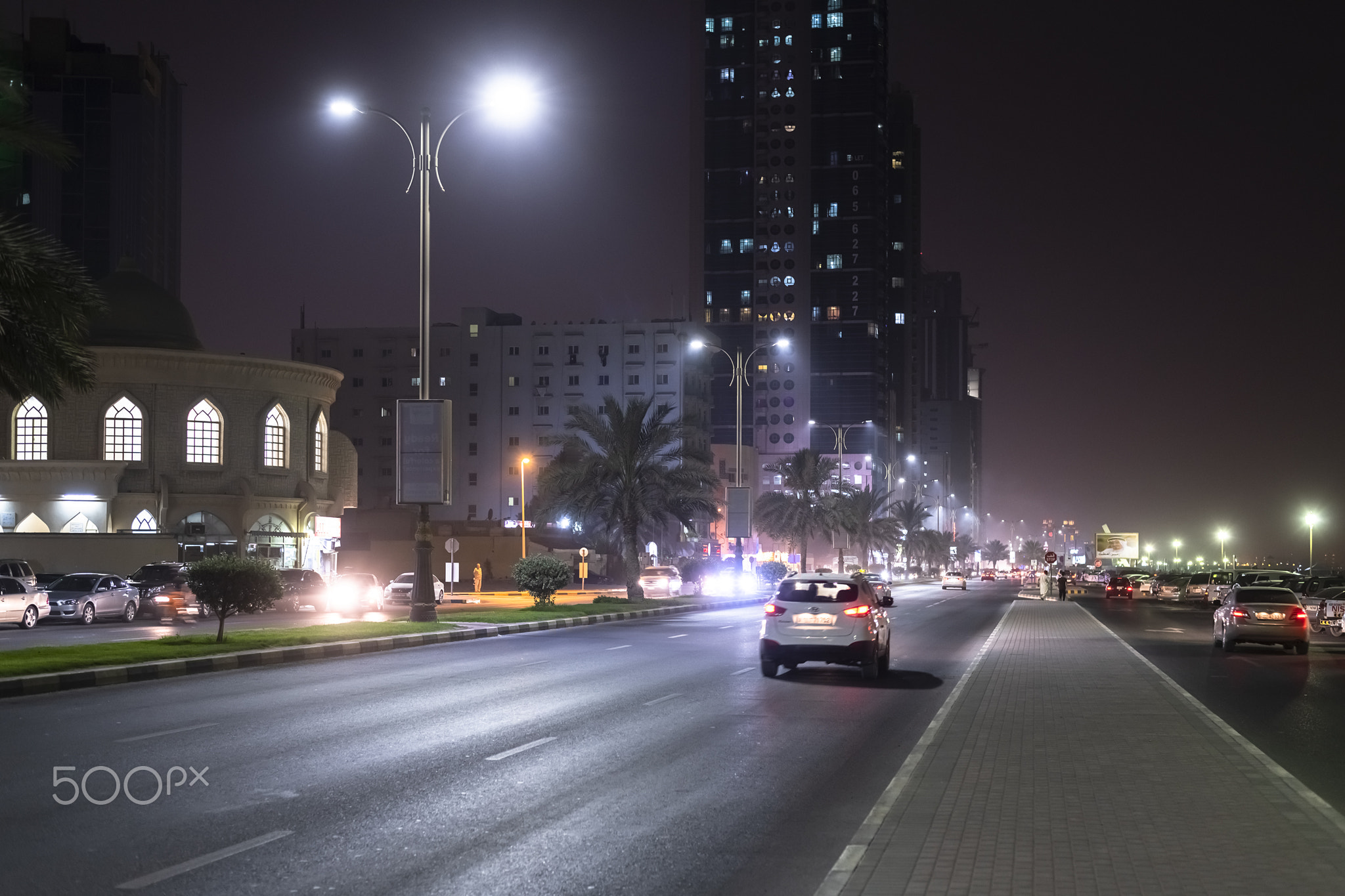 Ajman, UAE - April 6. 2018. Street Sheikh Humaida bin Rashid al-Nuaimi at night