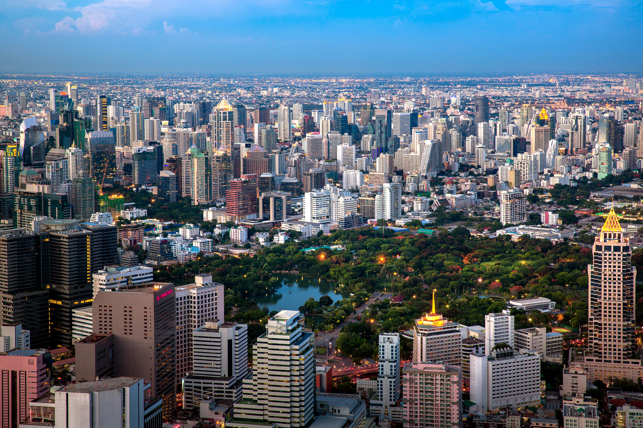 Park and building in Bangkok city from top view