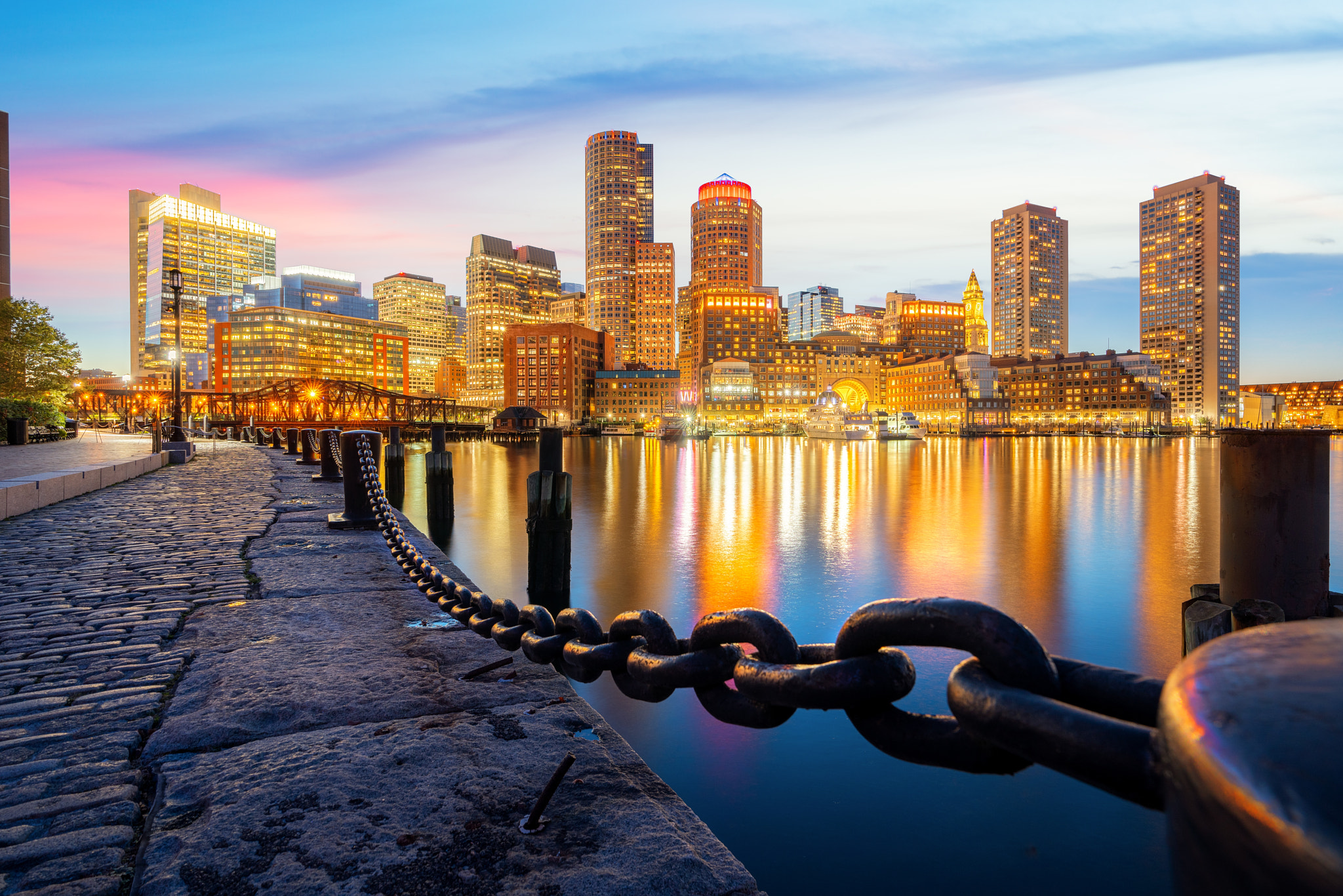 Boston harbor with cityscape and skyline