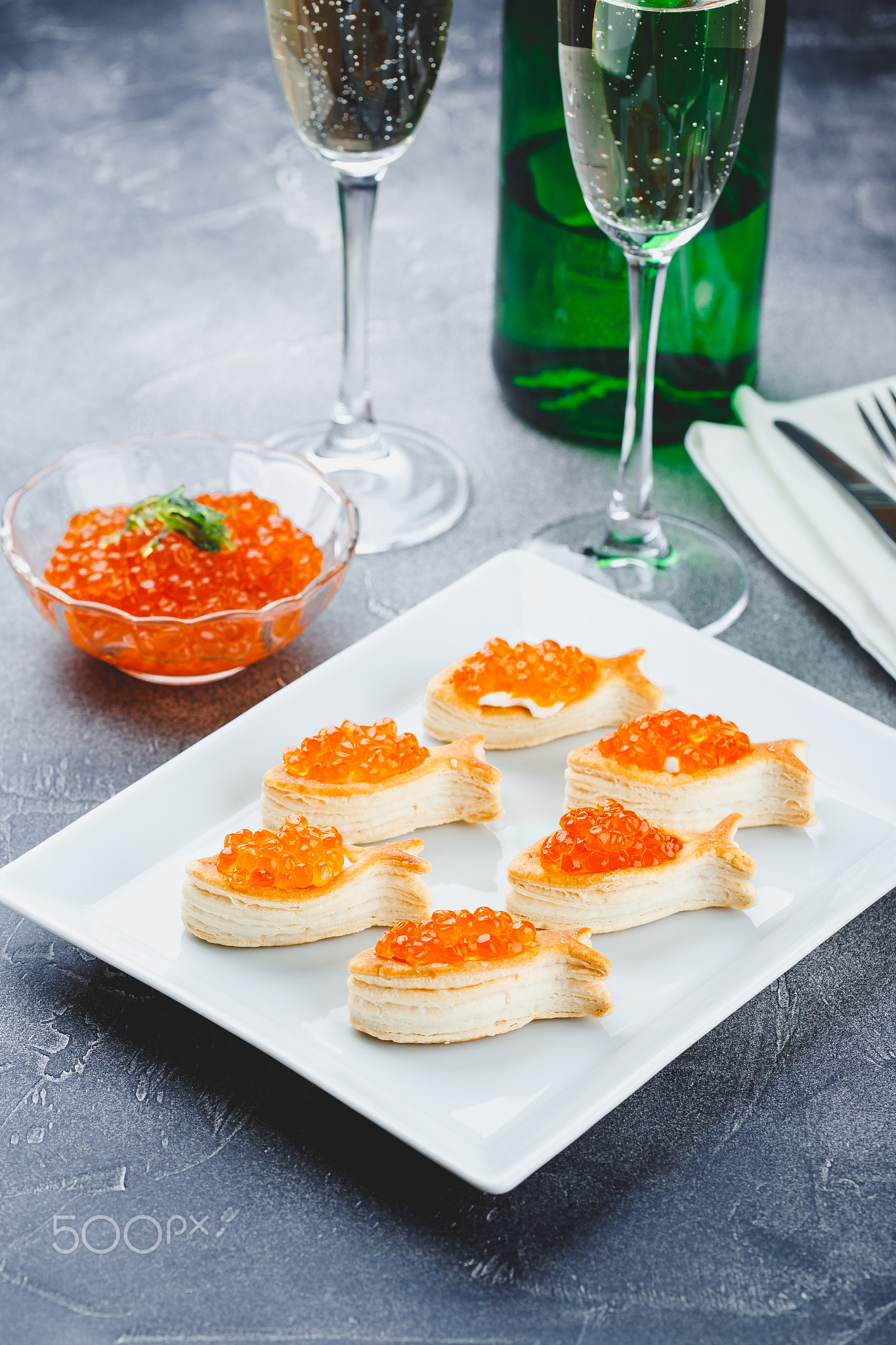 Delicious appetizer with red caviar.