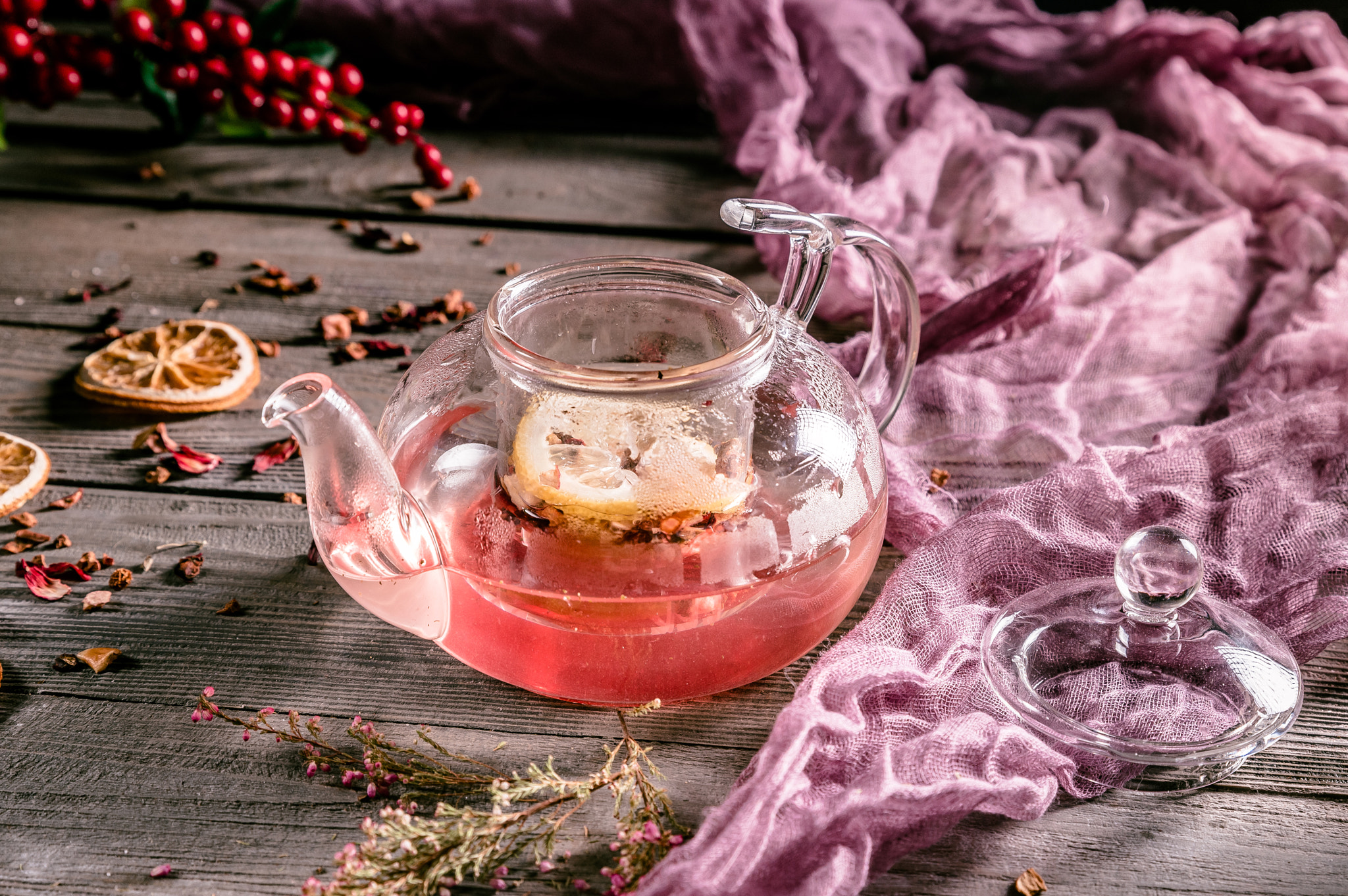 Hot fruit tea on wooden table