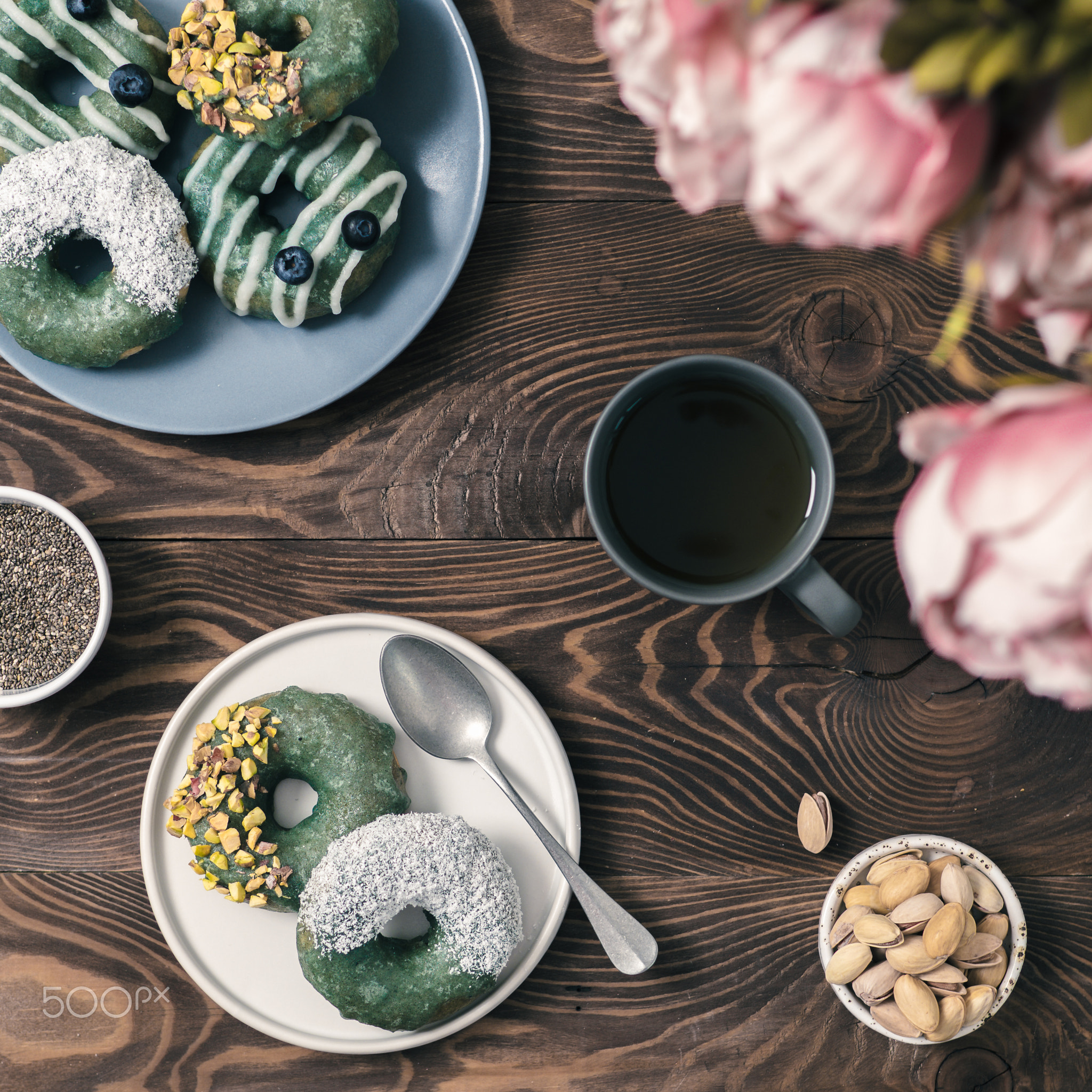 Vegan donuts topped spirulina glaze