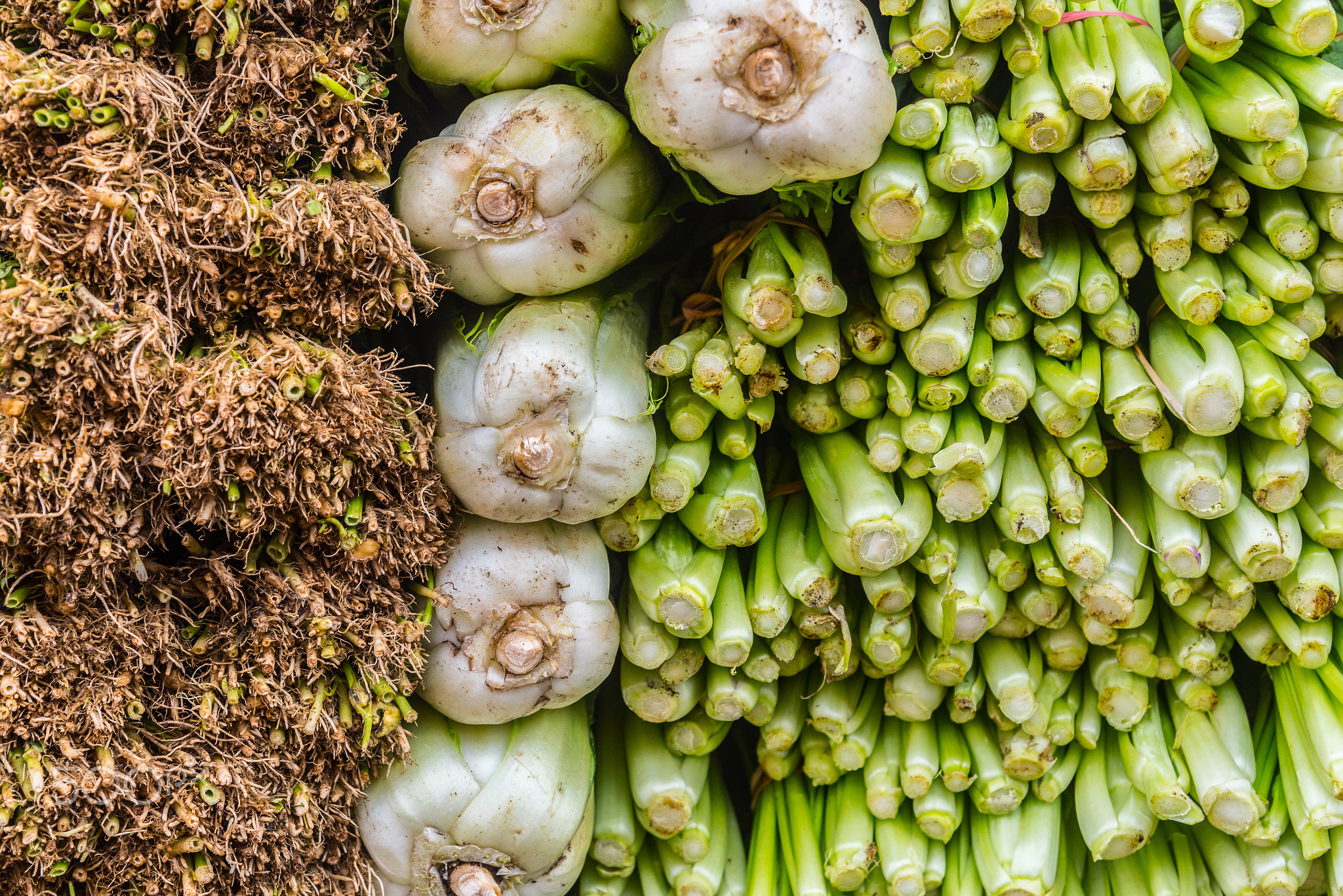 Various fresh vegetables in Asian traditional street market.