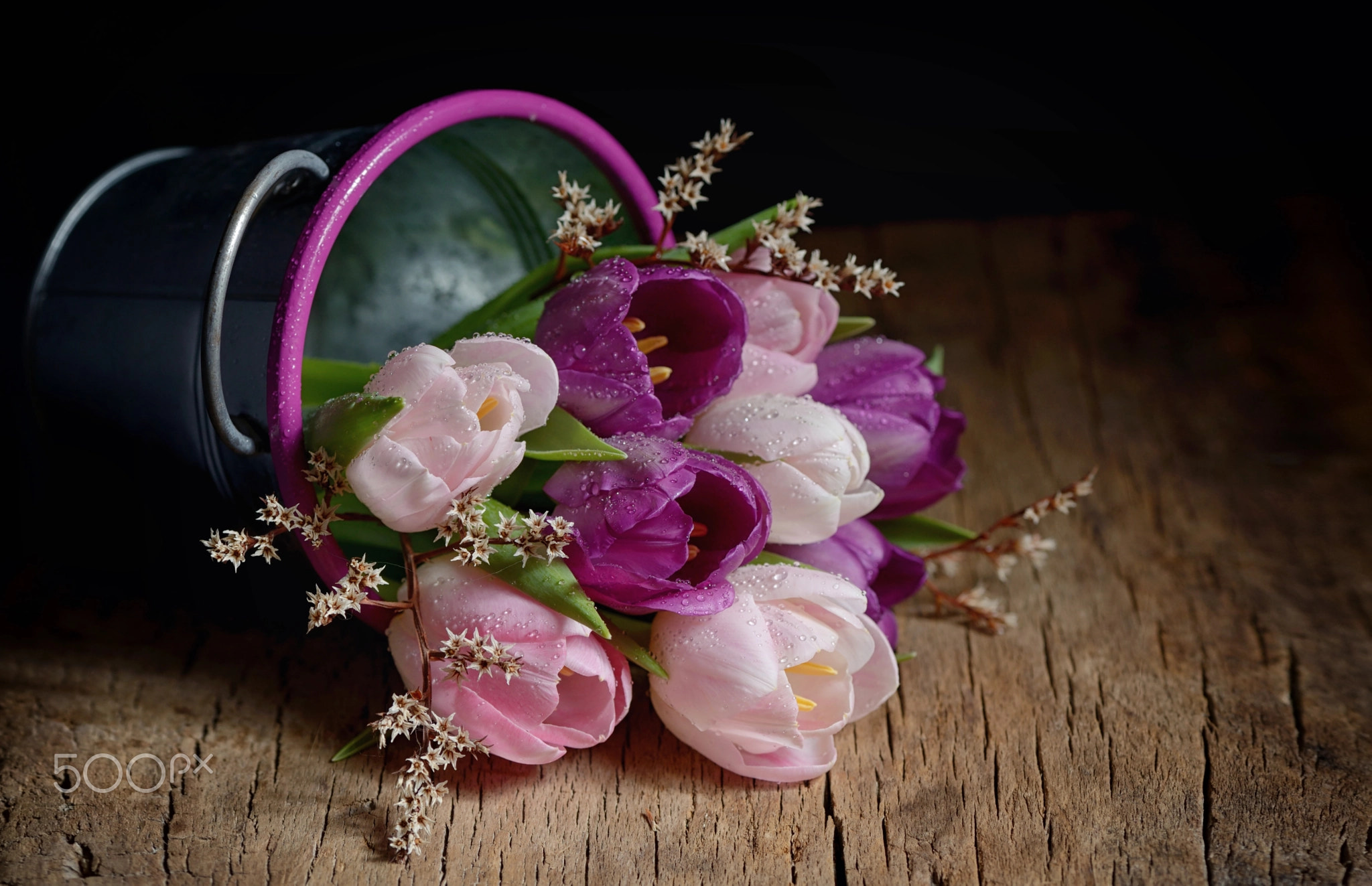 Tulips in a bucket on a wooden table