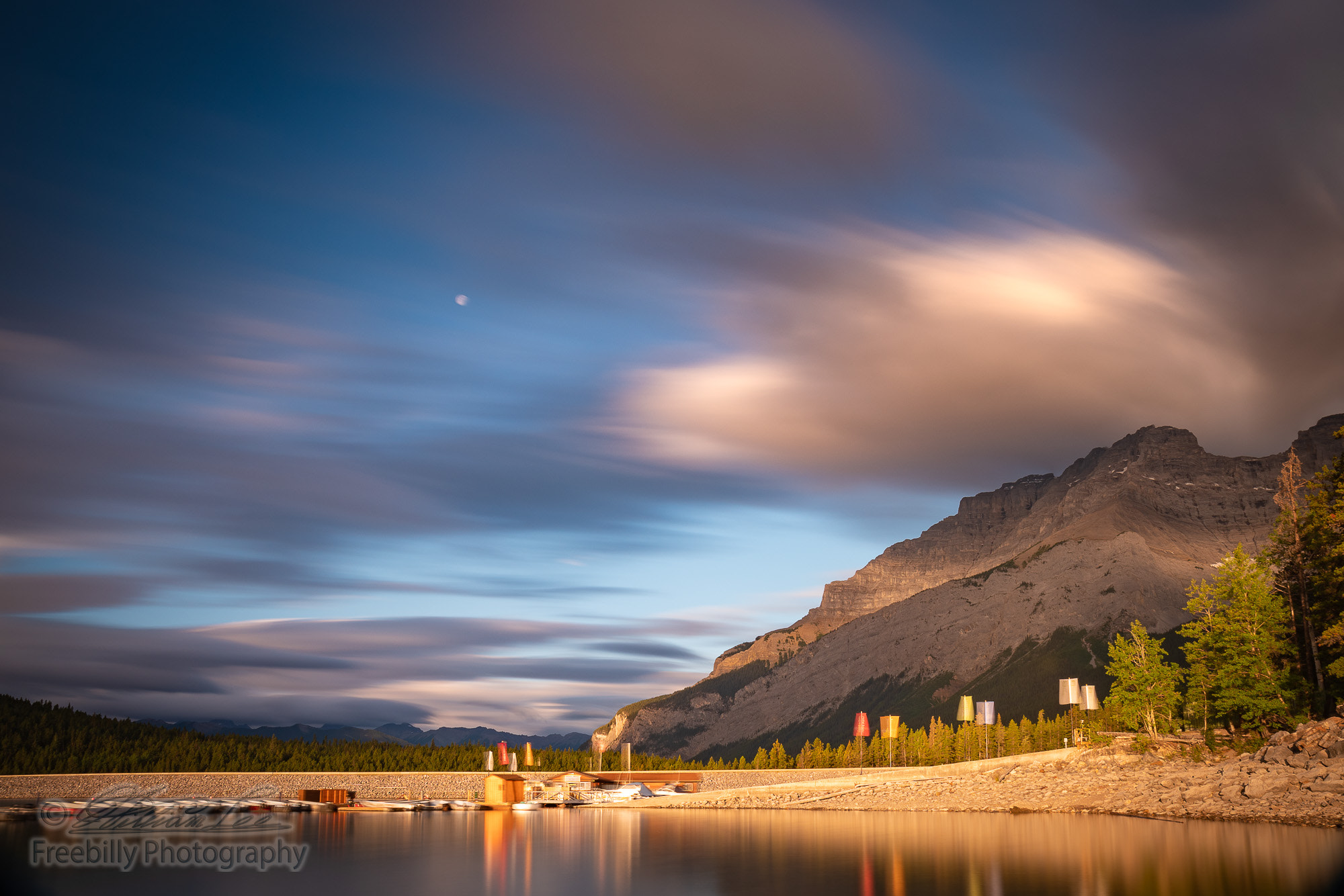 Lake Minnewanka and moon long exposure