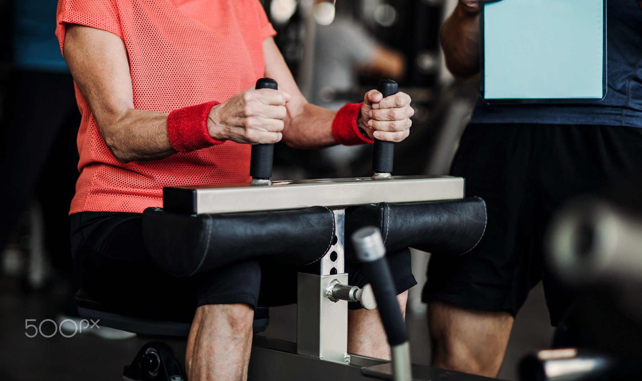 A midsection of female senior with a young trainer doing workout exercise in gym.