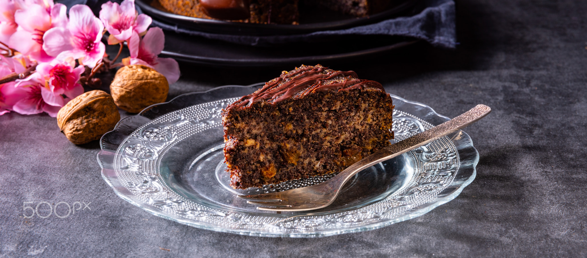 juicy poppy seed cake with apples and chocolate glaze