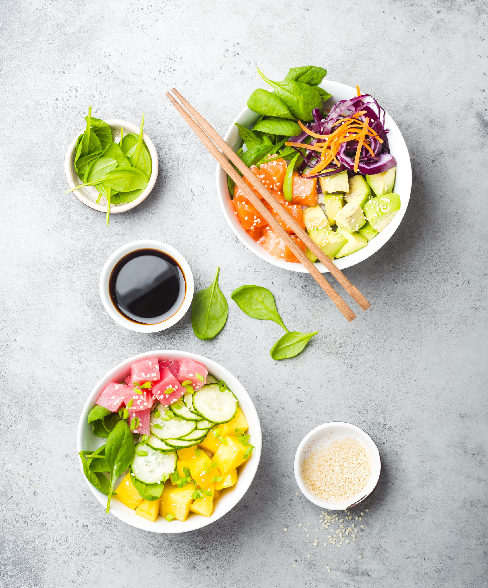 Poke bowls with fish