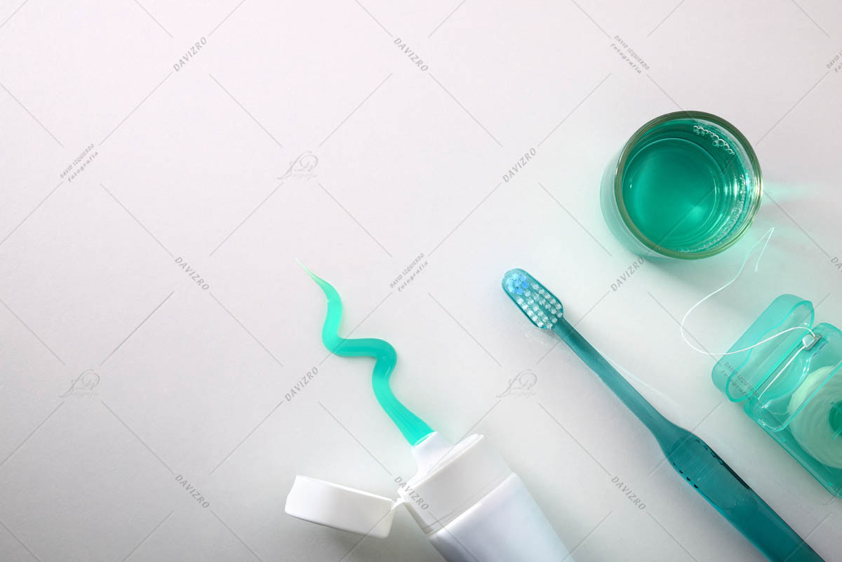 Equipment for oral cleaning on a white table top view