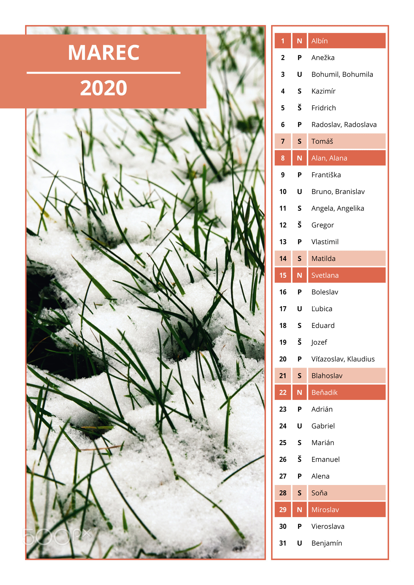 Slovak calendar with names for March 2020