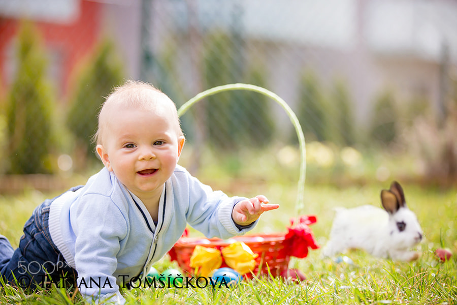 Sweet little baby boy hunting for easter egg in spring park on E