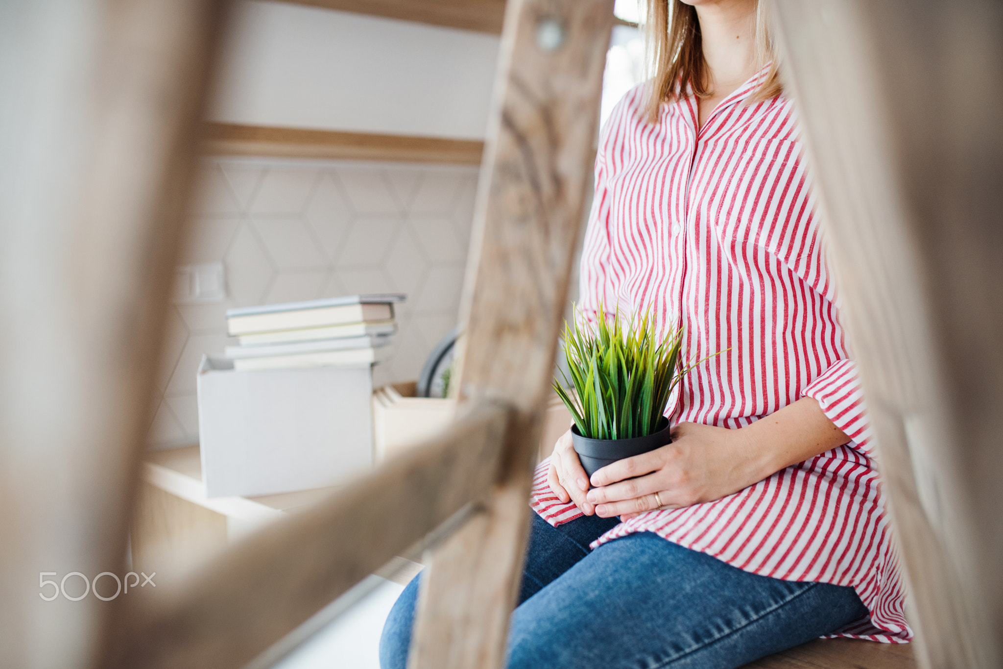 A midsection of young woman with plant moving in new home, a concept.