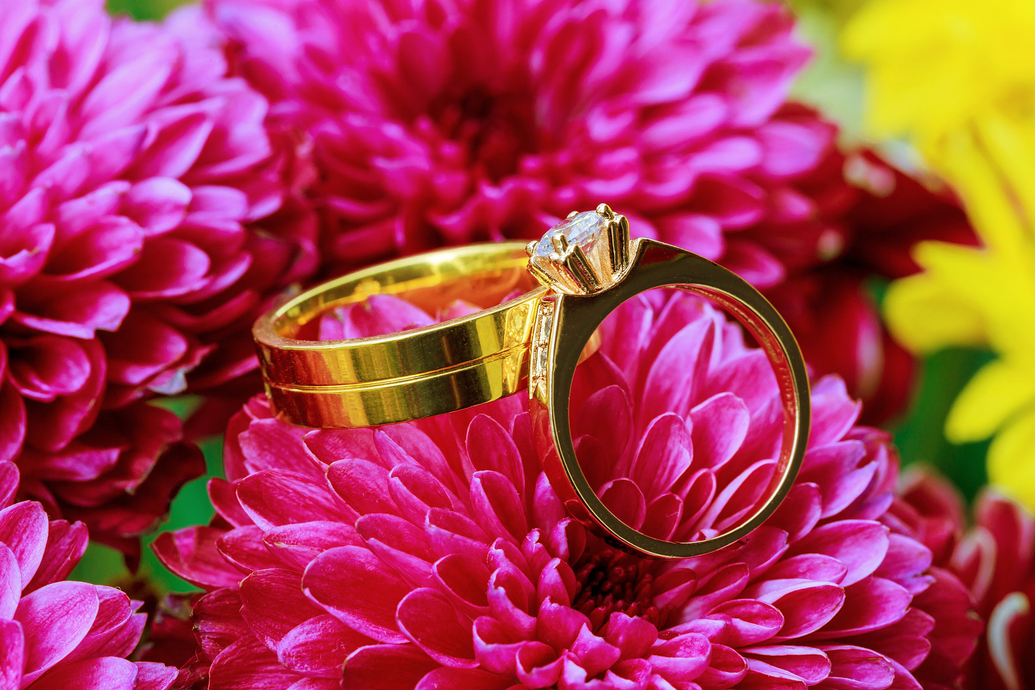 wedding rings on the bouquet on pink flowers