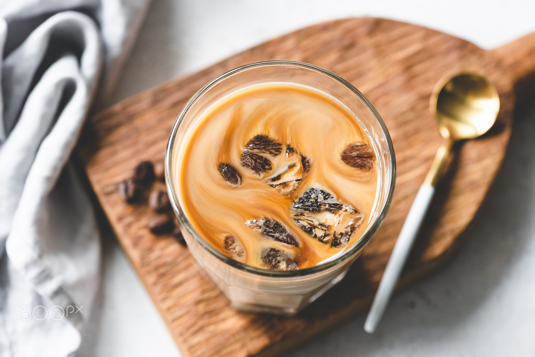 Ice coffee in glass closeup view