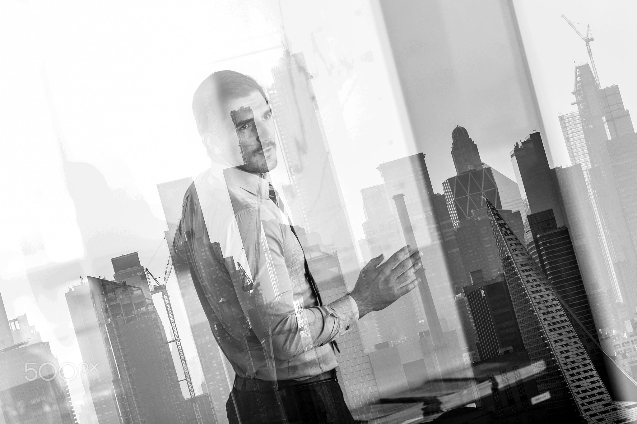 Business presentation on corporate meeting against new york city window reflections.