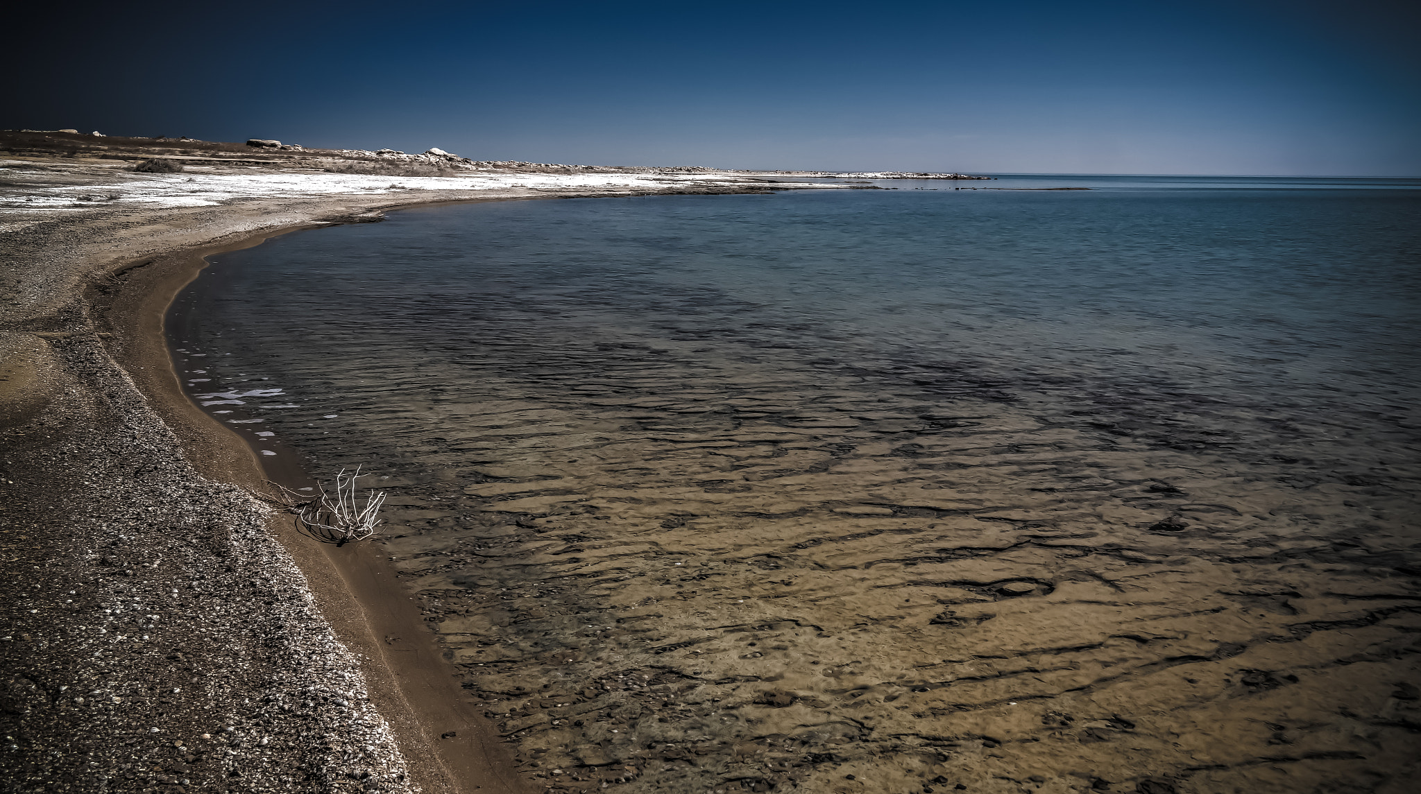 Panorama view to Aral sea from the rim of Plateau Ustyurt near Duana cape in Karakalpakstan,...