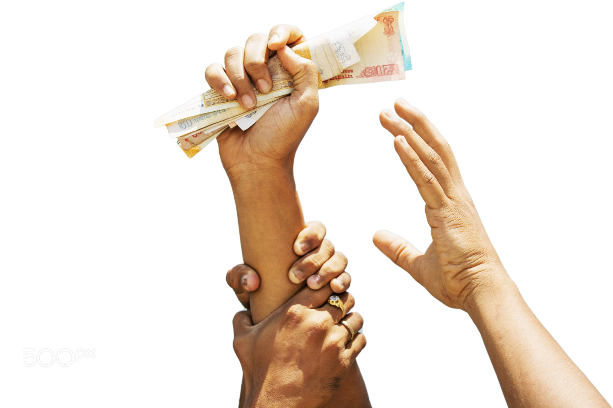 Concept showing of Greed for money, Hands trying to grab money from another person hands