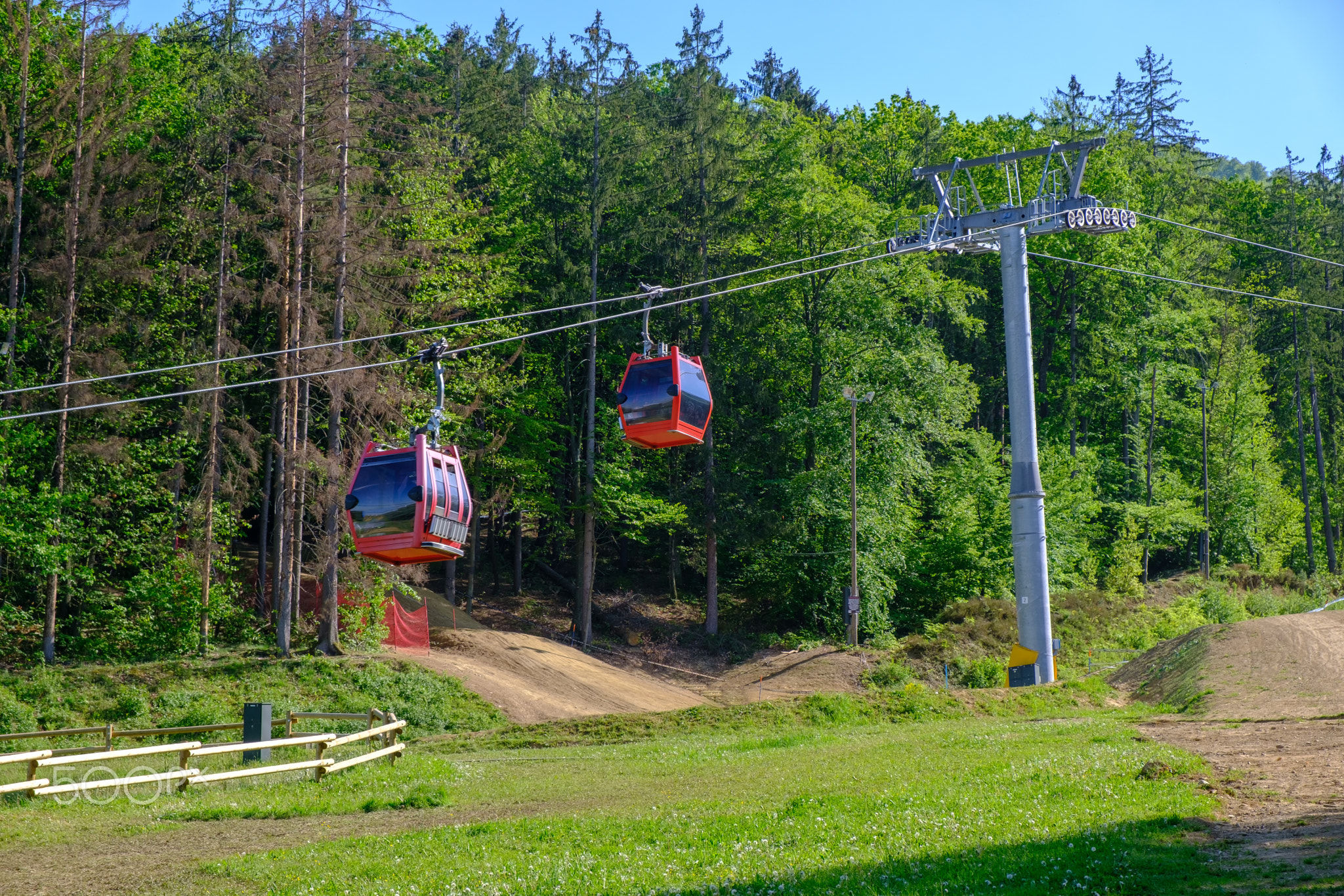 Red cable cars of mountain cableway