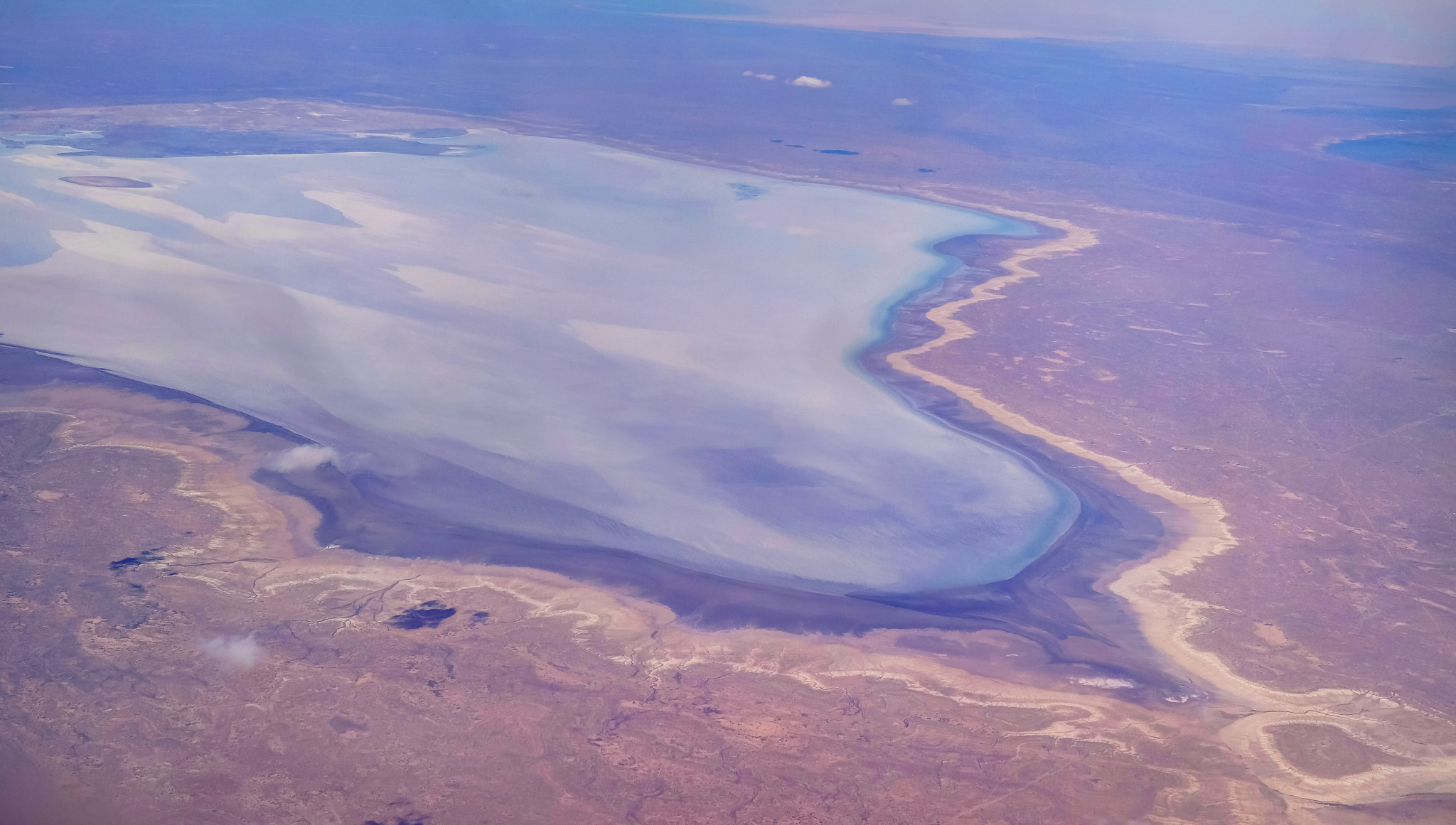 Aerial Panorama view to saline Barsa Kelmes lake and Ustyurt plateau at Karakalpakstan, Uzbekistan