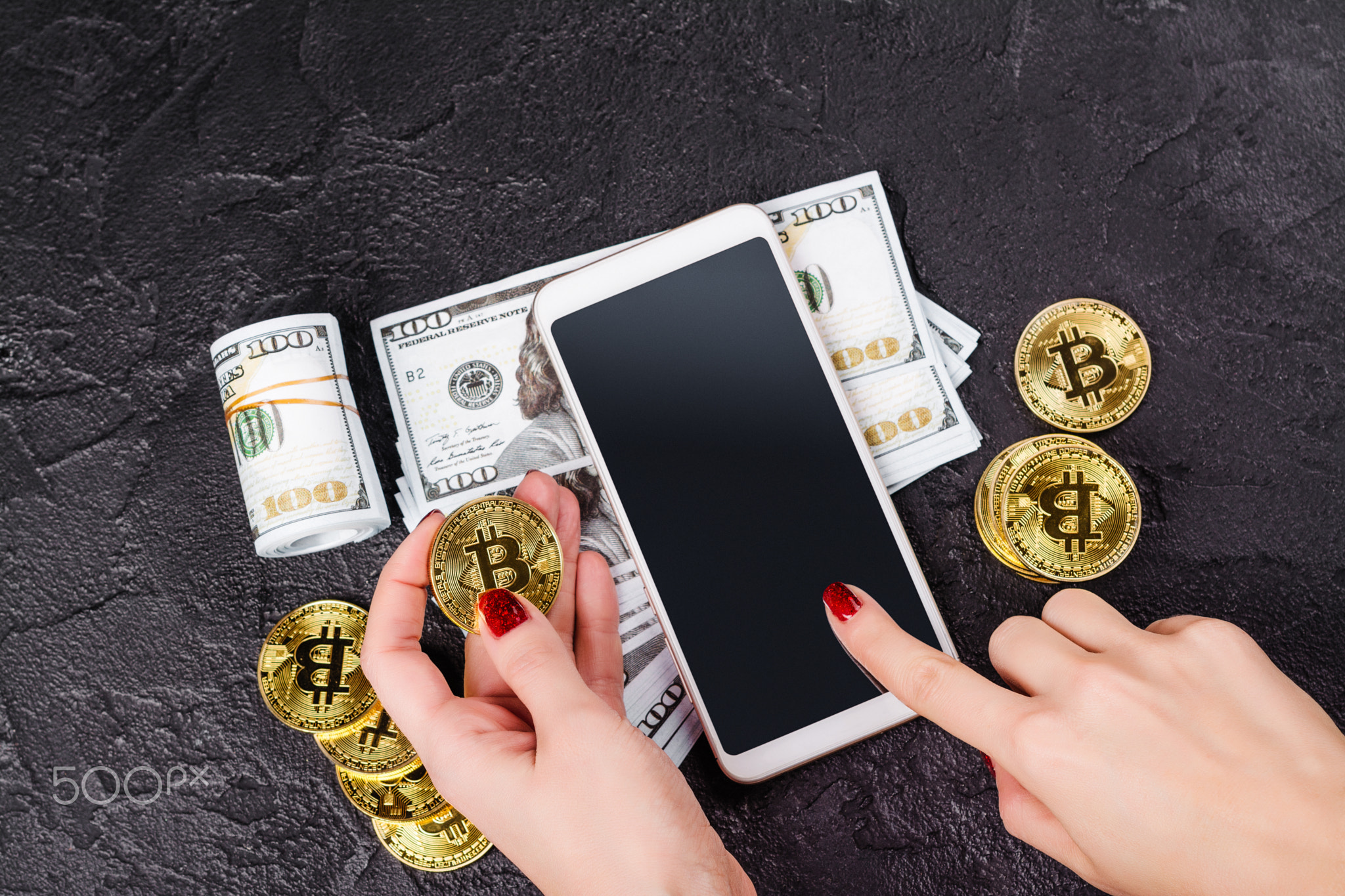 Bitcoins, currency and smarphone