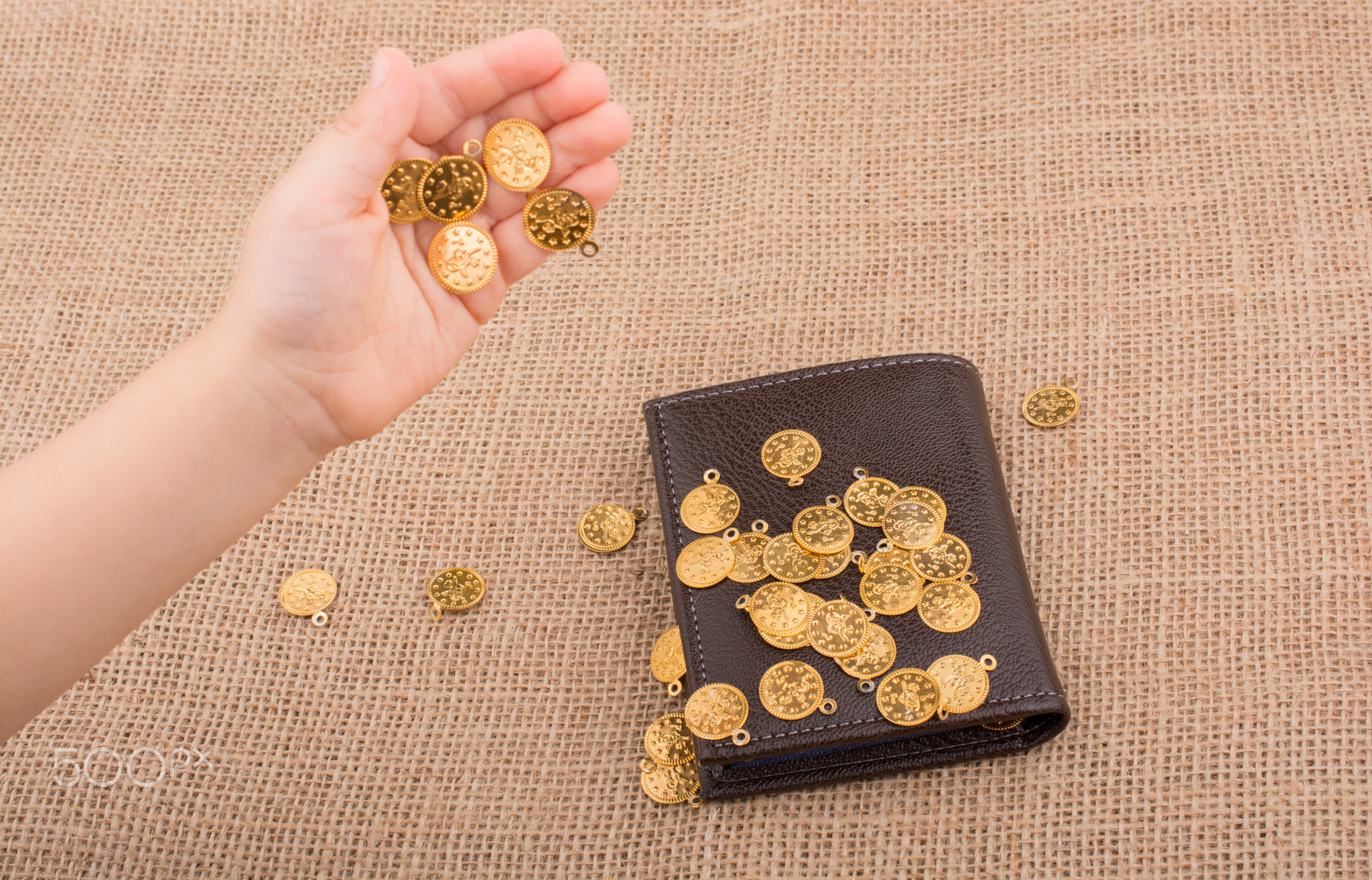 Wallet and fake gold coins on canvas