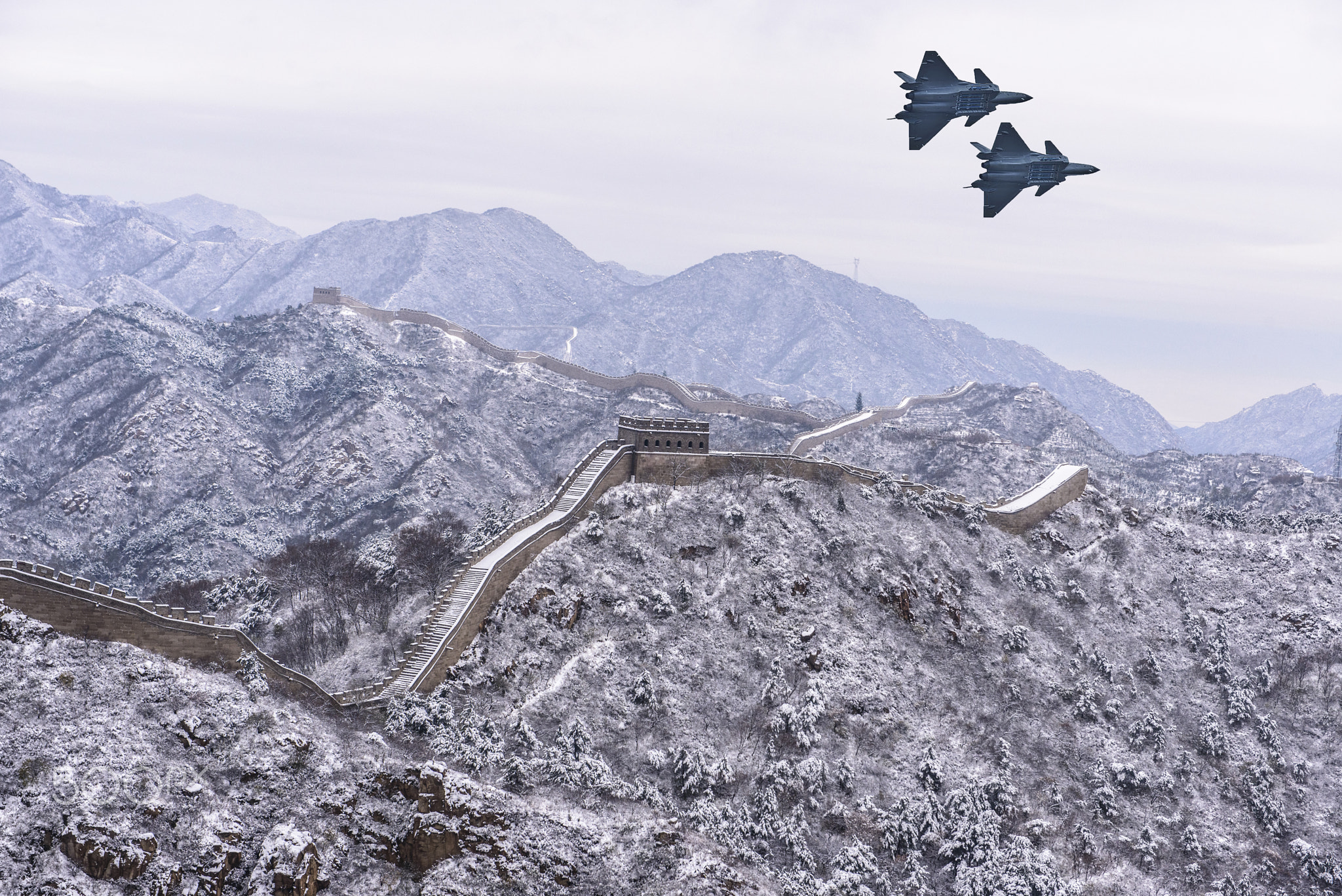 J20 fly over the Great Wall