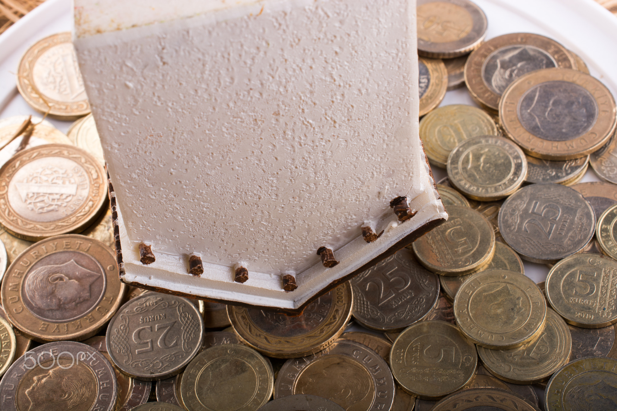 Turkish Lira coins by the side of a model house