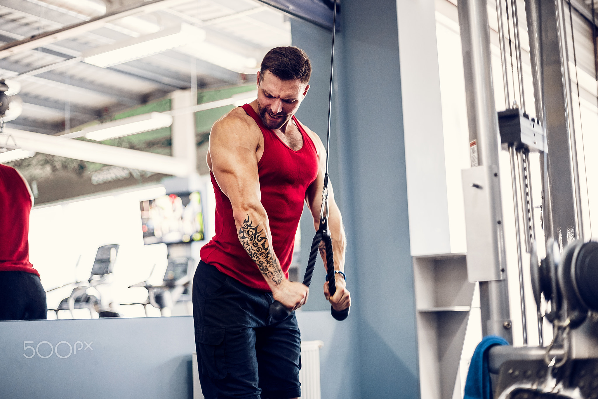 Handsome Muscular Fitness Bodybuilder Doing Heavy Weight Exercise For Triceps