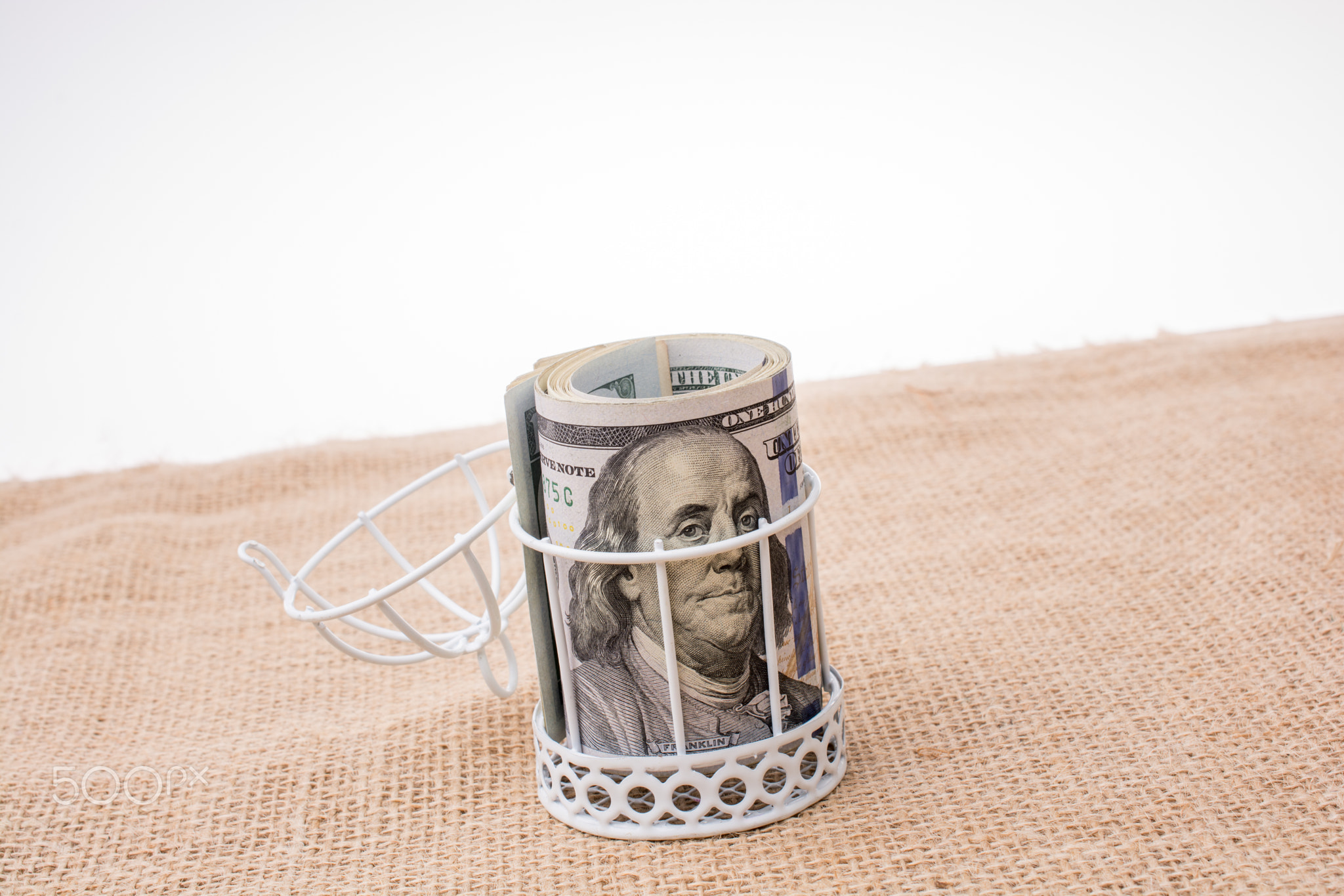 Banknote bundle of US dollar in a birds cage